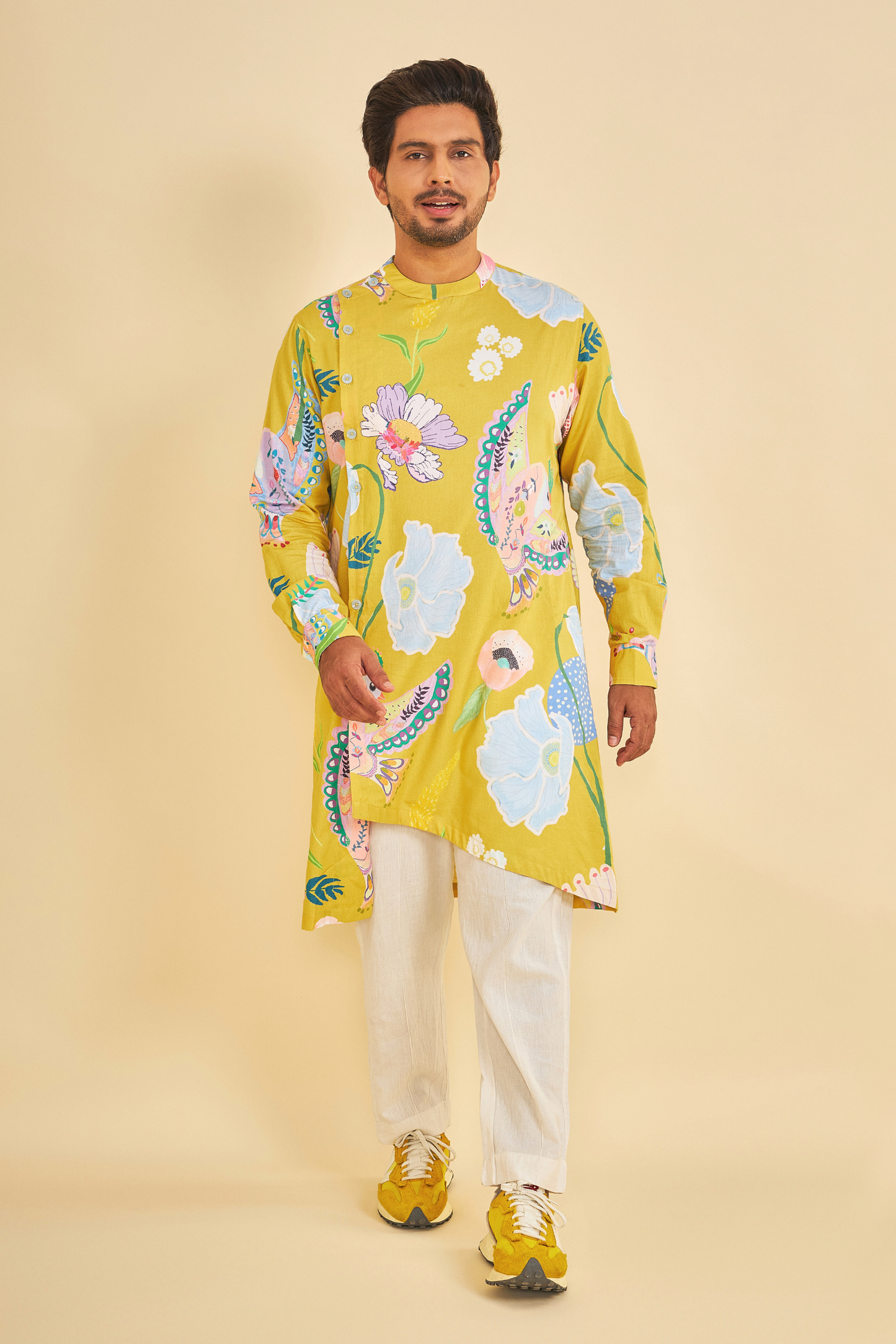 Yellow Bloom Men's Asymmetrical Kurta & Pants (Set of 2 Pcs)
