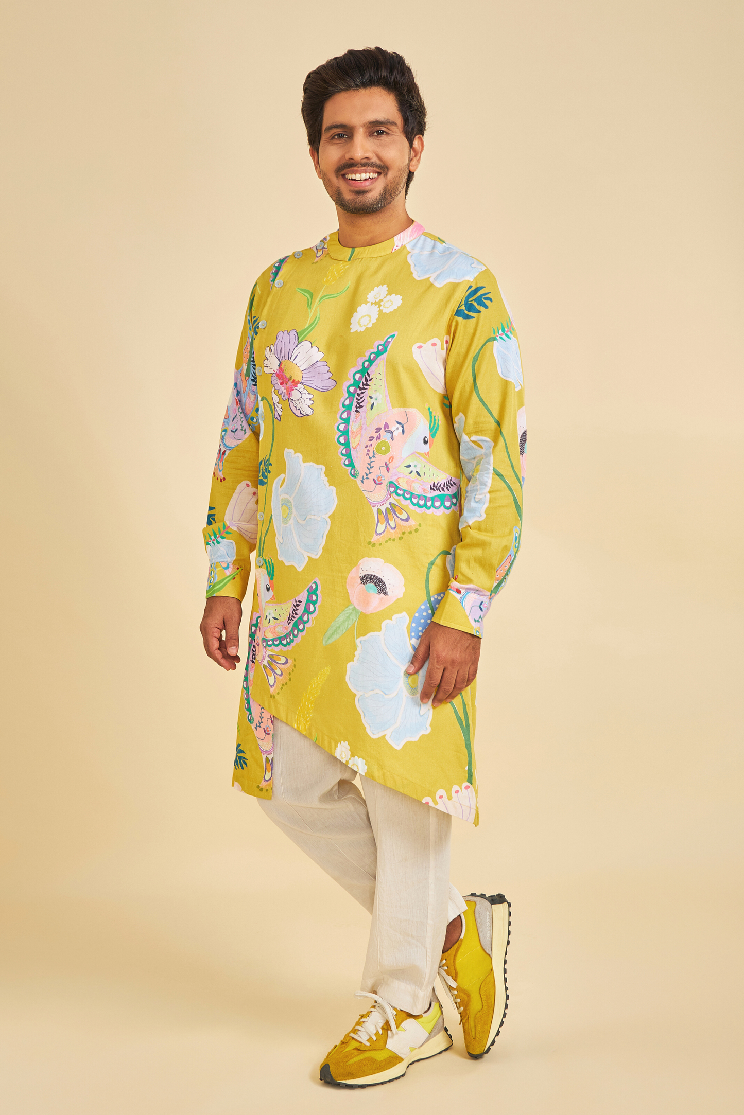 Yellow Bloom Men's Asymmetrical Kurta & Pants (Set of 2 Pcs)
