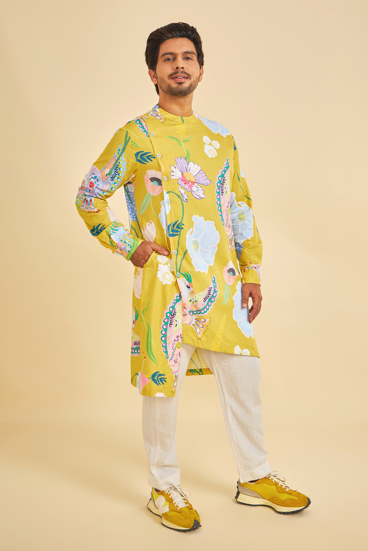 Yellow Bloom Men's Asymmetrical Kurta & Pants (Set of 2 Pcs)