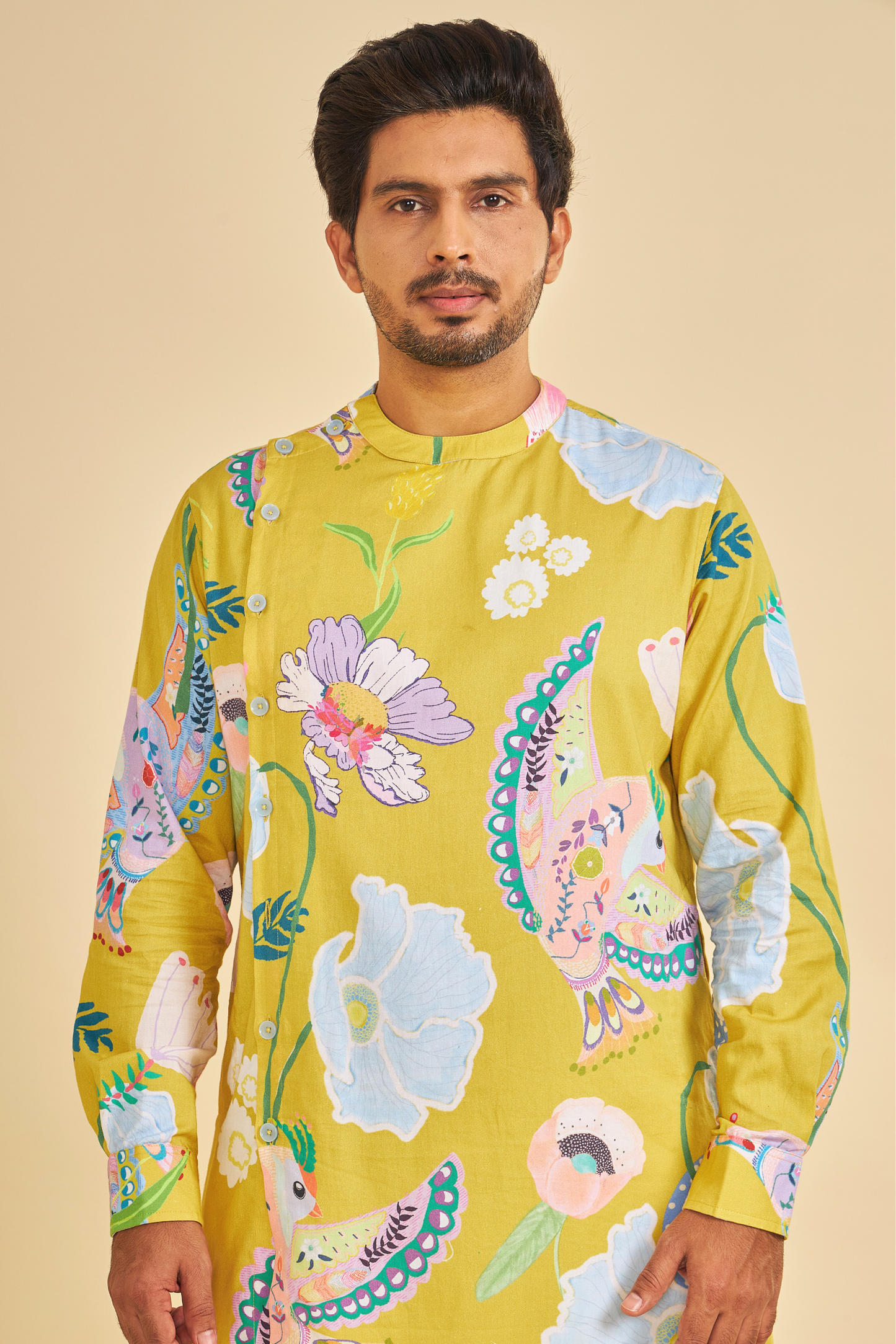 Yellow Bloom Men's Asymmetrical Kurta & Pants (Set of 2 Pcs)