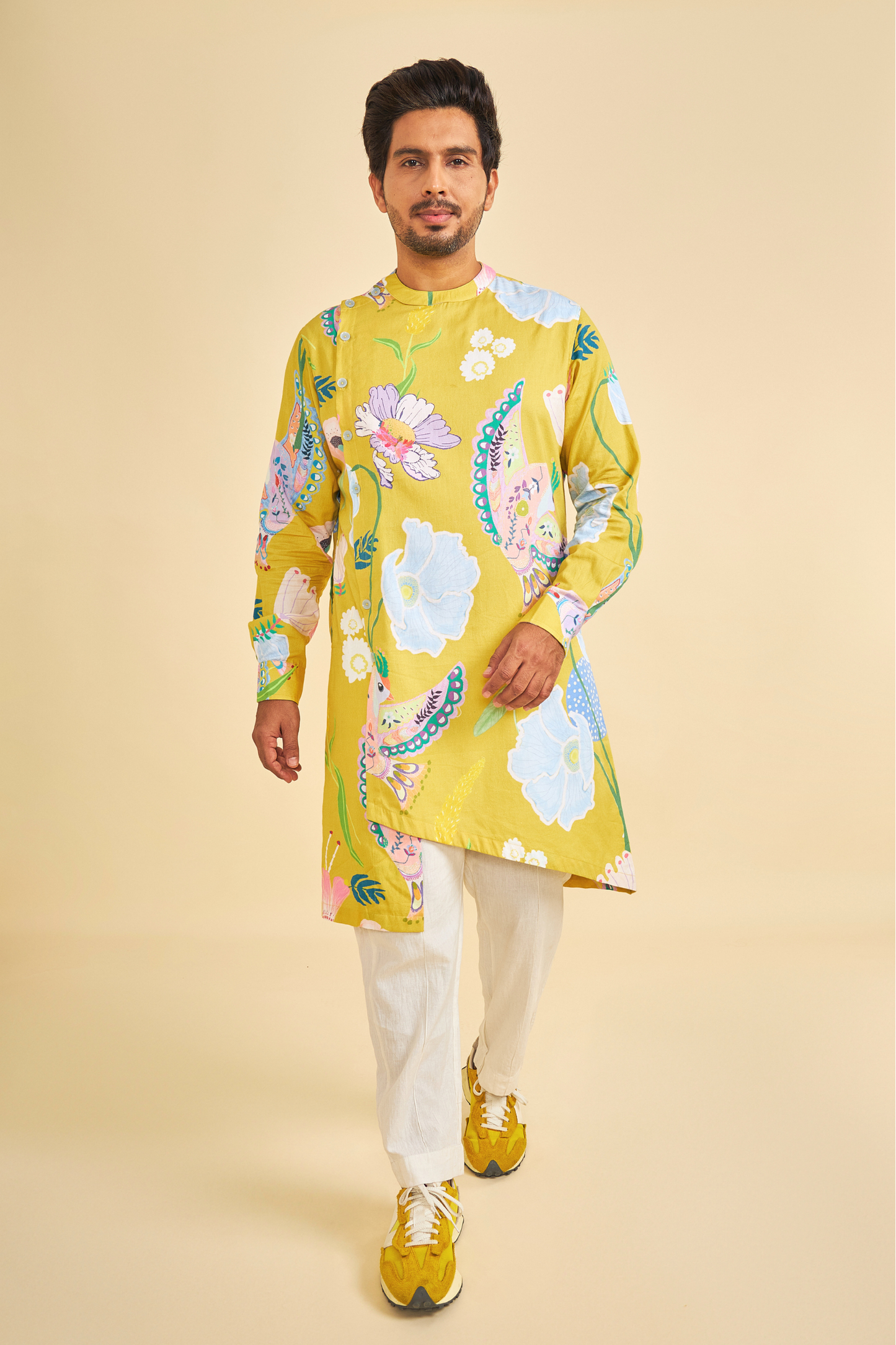 Yellow Bloom Men's Asymmetrical Kurta & Pants (Set of 2 Pcs)