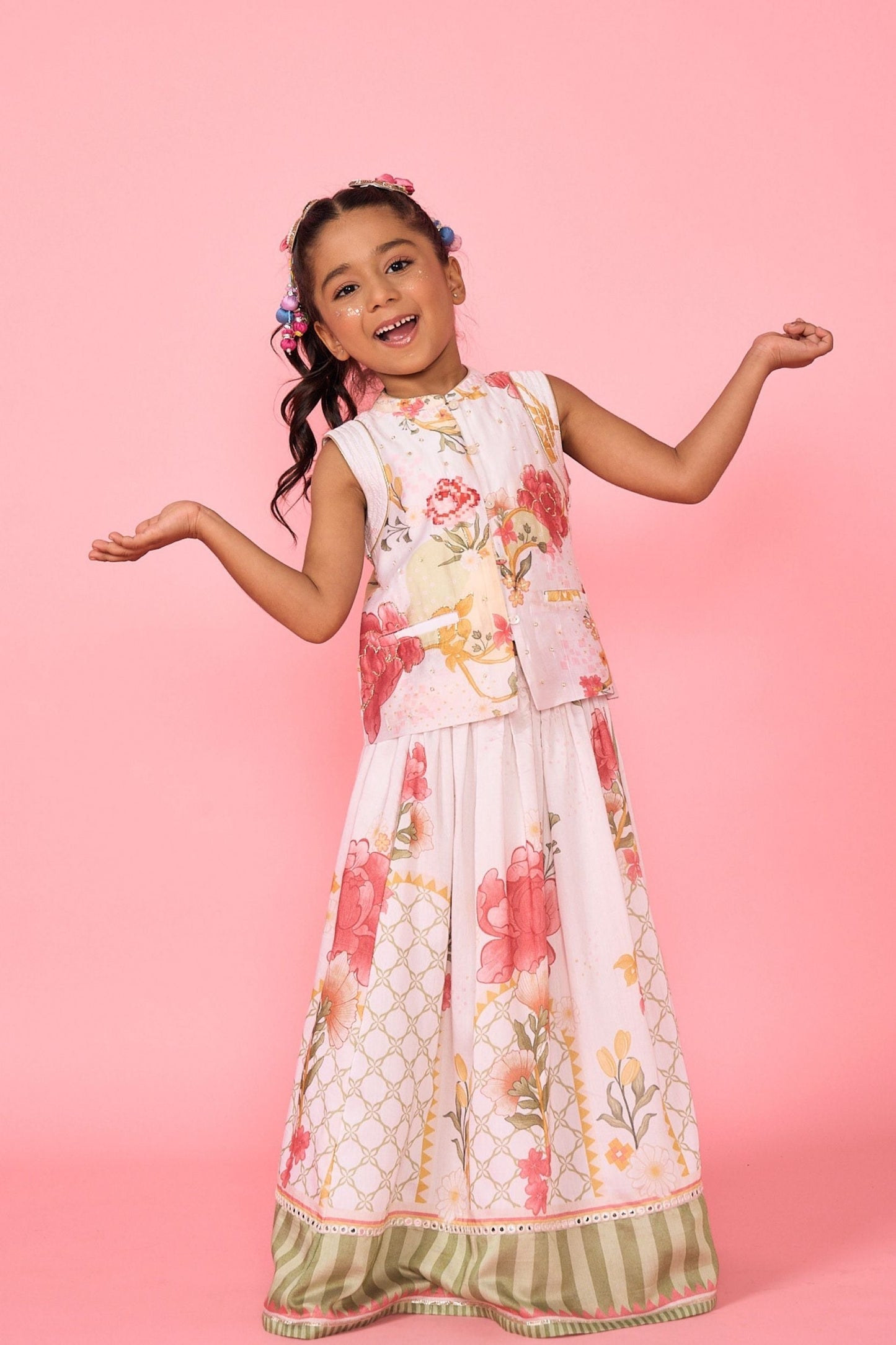 White Makrana Girls Embellished Waistcoat With Printed Skirt ( 2 Pc Set)