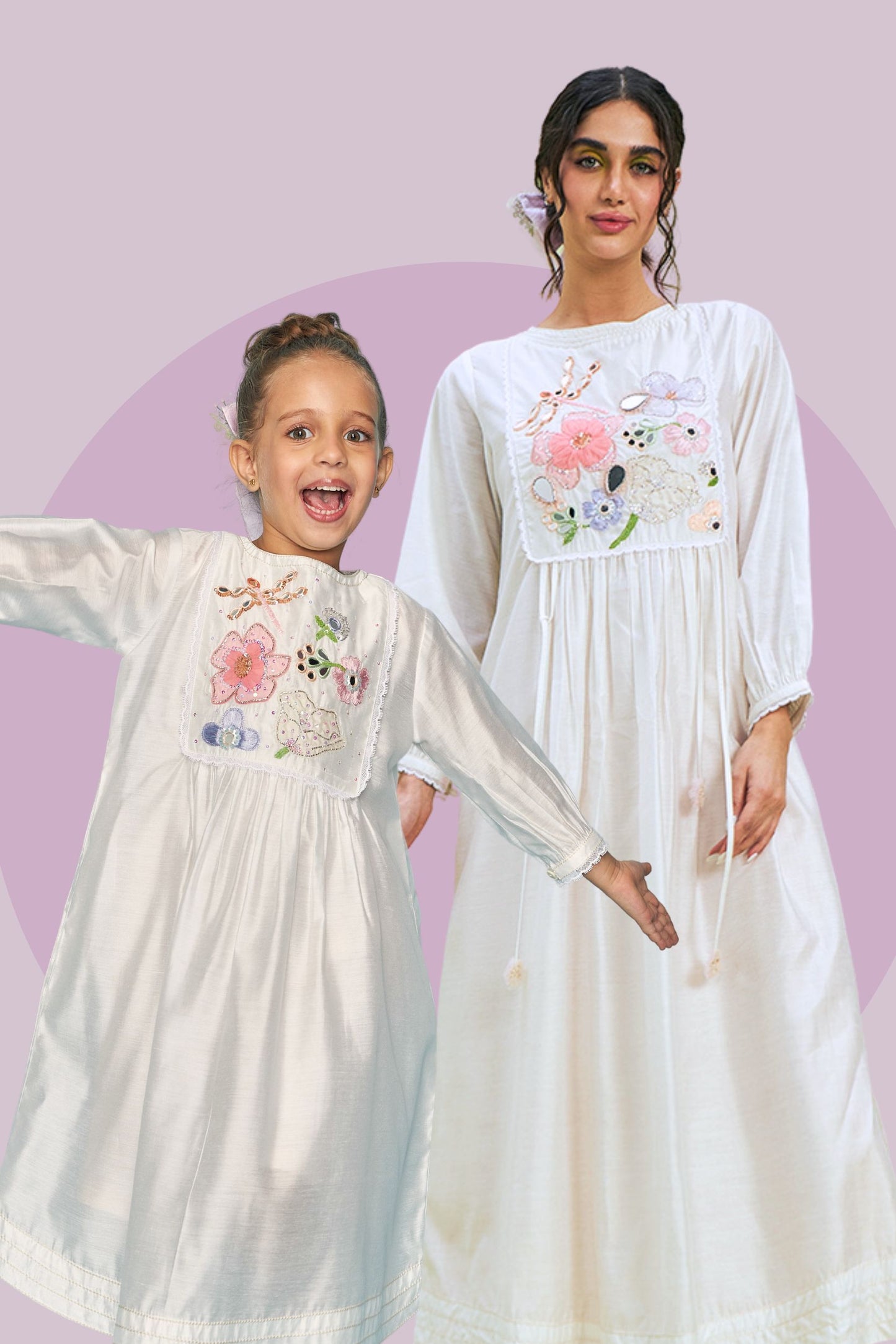 Mirror Yoke Women white embellished LONG DRESS dress + dragonfly mirror yoke girls LONG DRESS