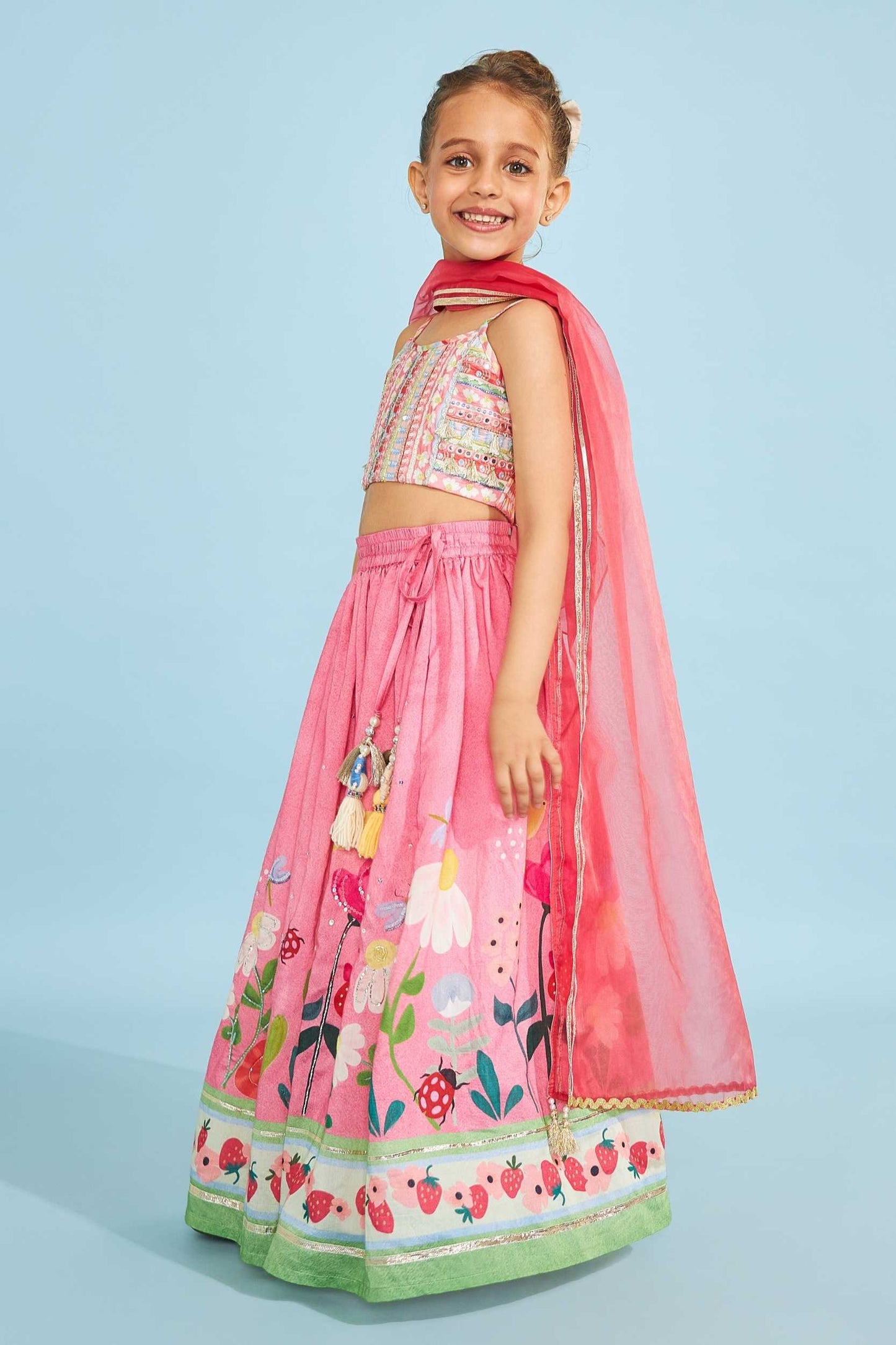 Candy Stripe Girls Embellished Crop Top With Strawberry Embellished Skirt (3 Pc Set)