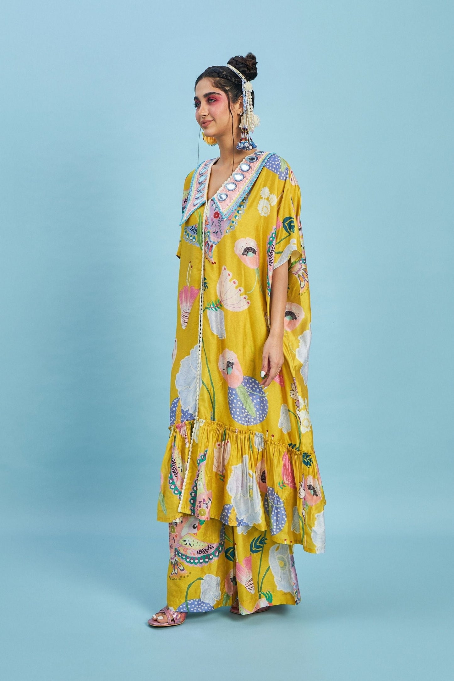 Mirror Embellished Collar Yellow Bloom Cape Trouser Co-ord Set - Women