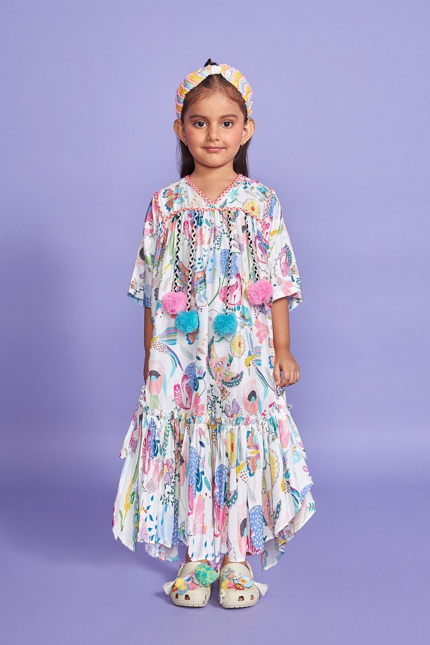 Pompom White Girls Kaftan Long Dress