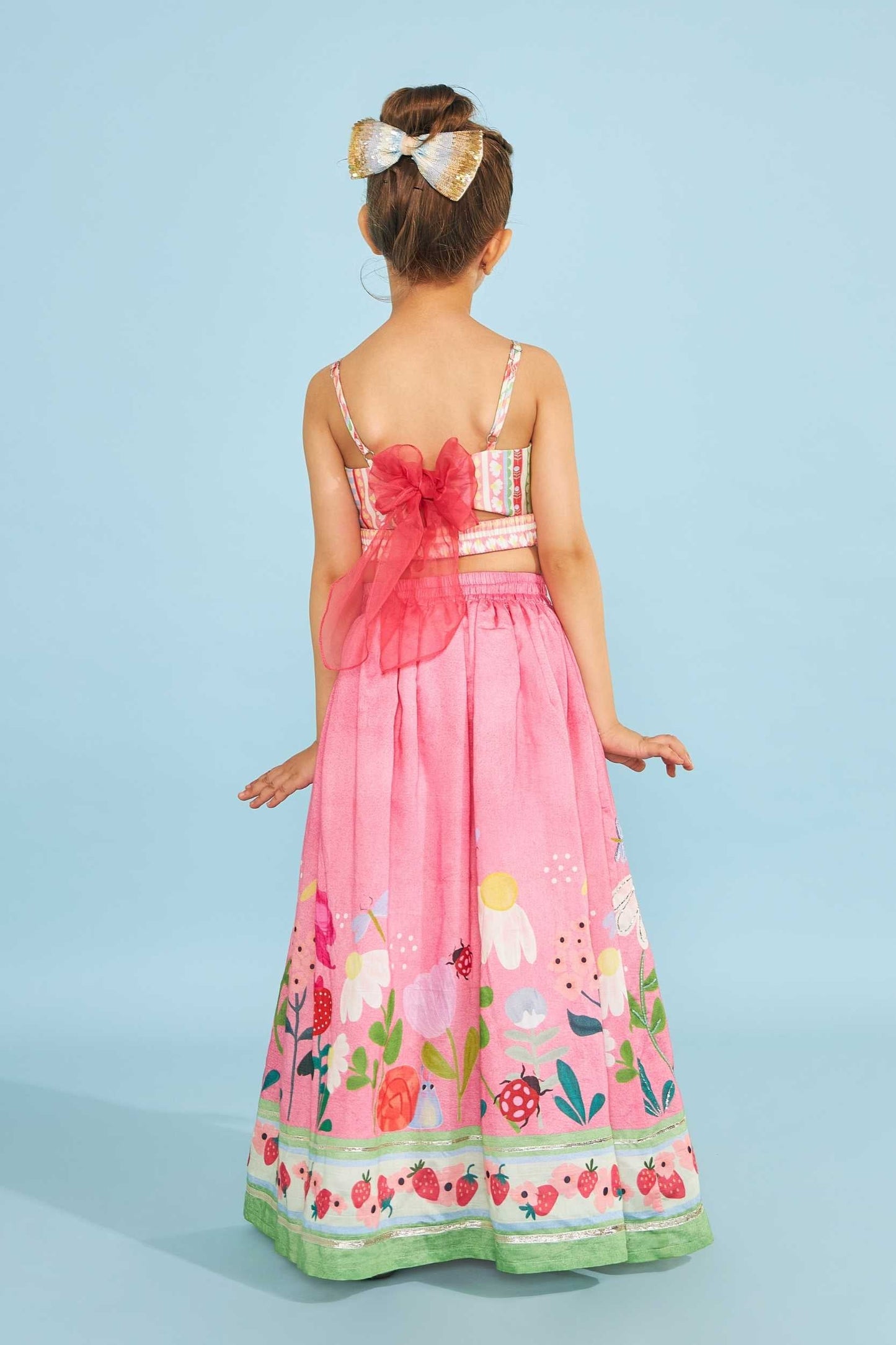 Candy Stripe Girls Embellished Crop Top With Strawberry Embellished Skirt (3 Pc Set)