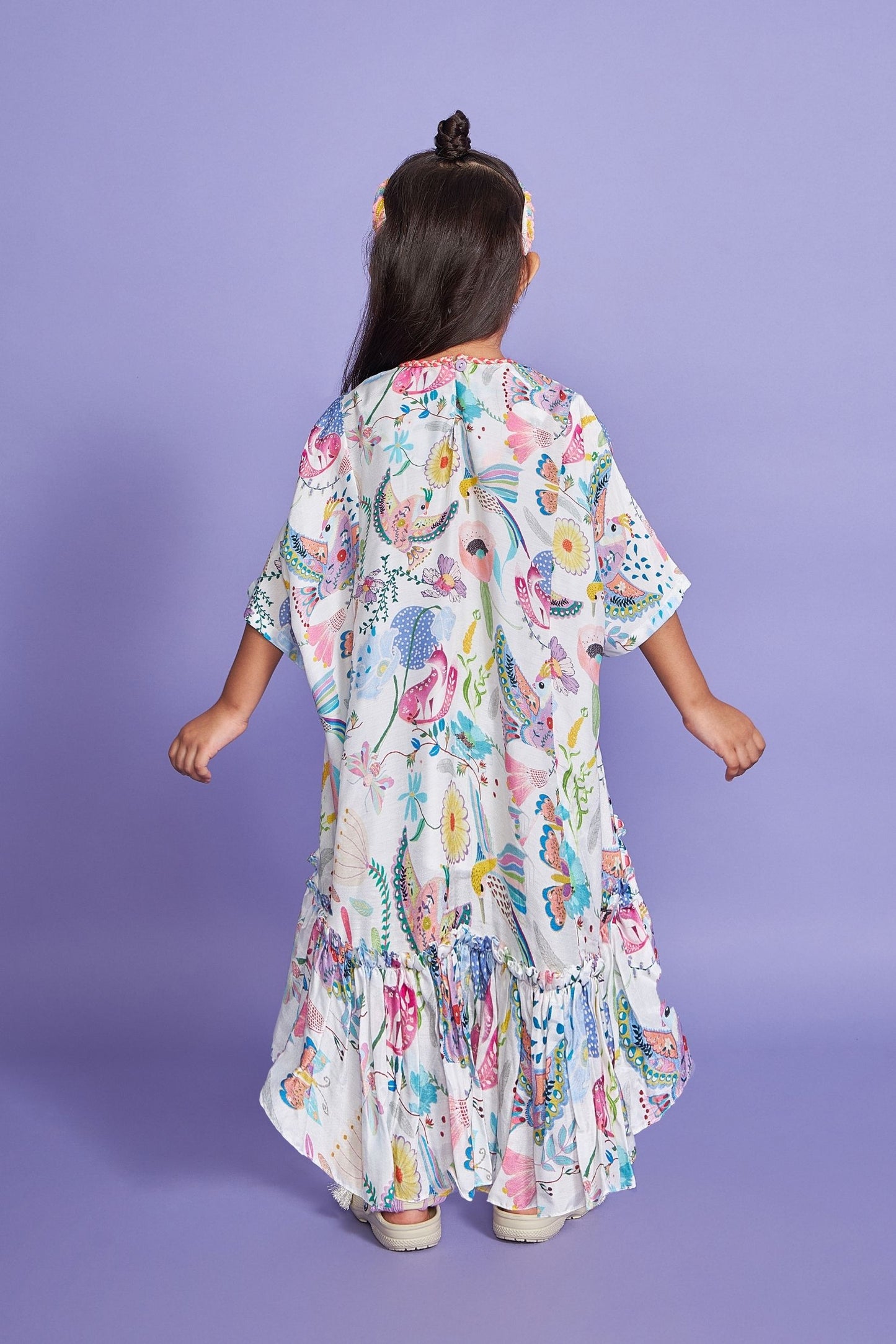 Pompom White Girls Kaftan Long Dress