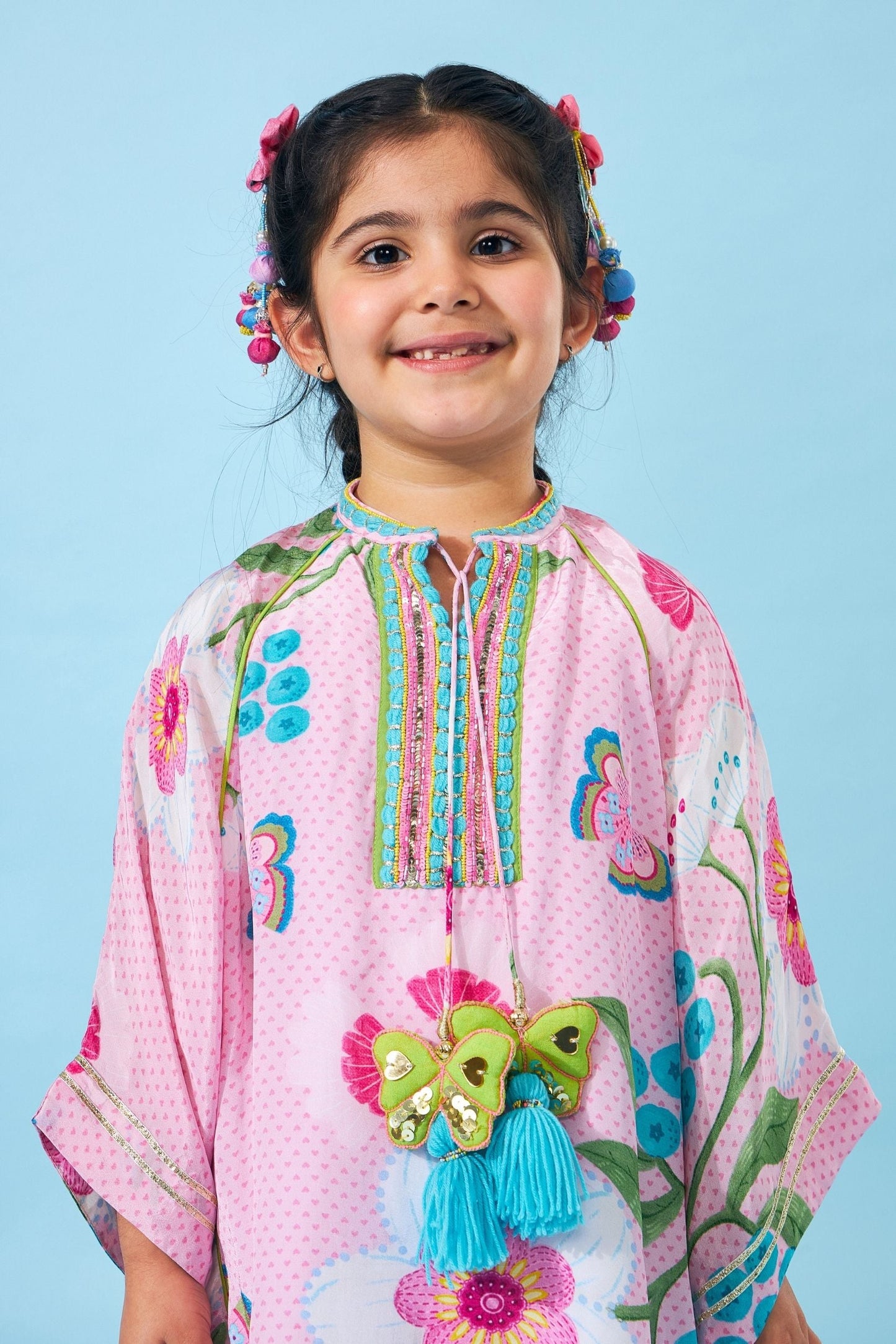 Raya Pink Girls Embellished Kaftan Top & Tulip Pant ( Set Of 2 pcs)