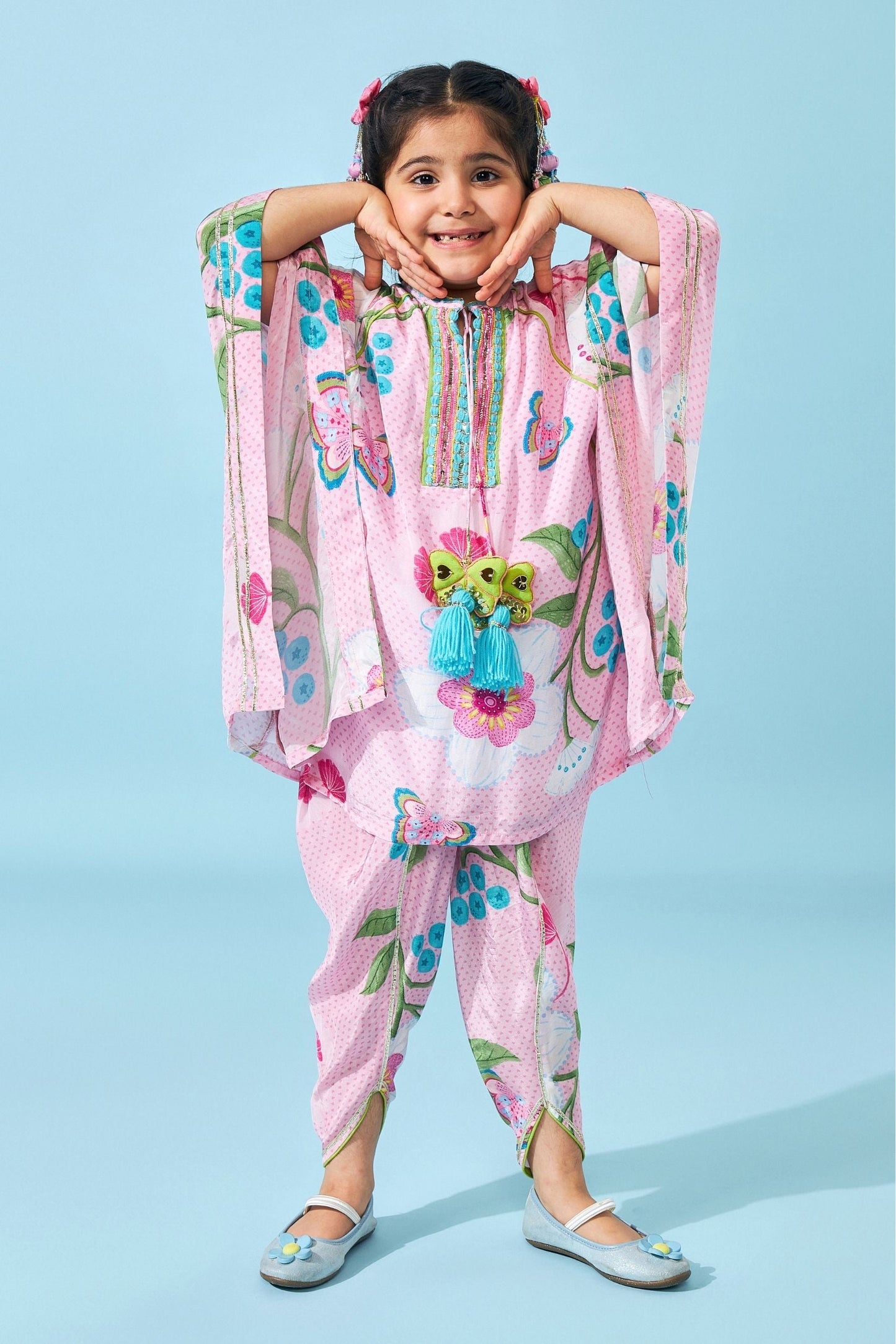 Raya Pink Girls Embellished Kaftan Top & Tulip Pant ( Set Of 2 pcs)