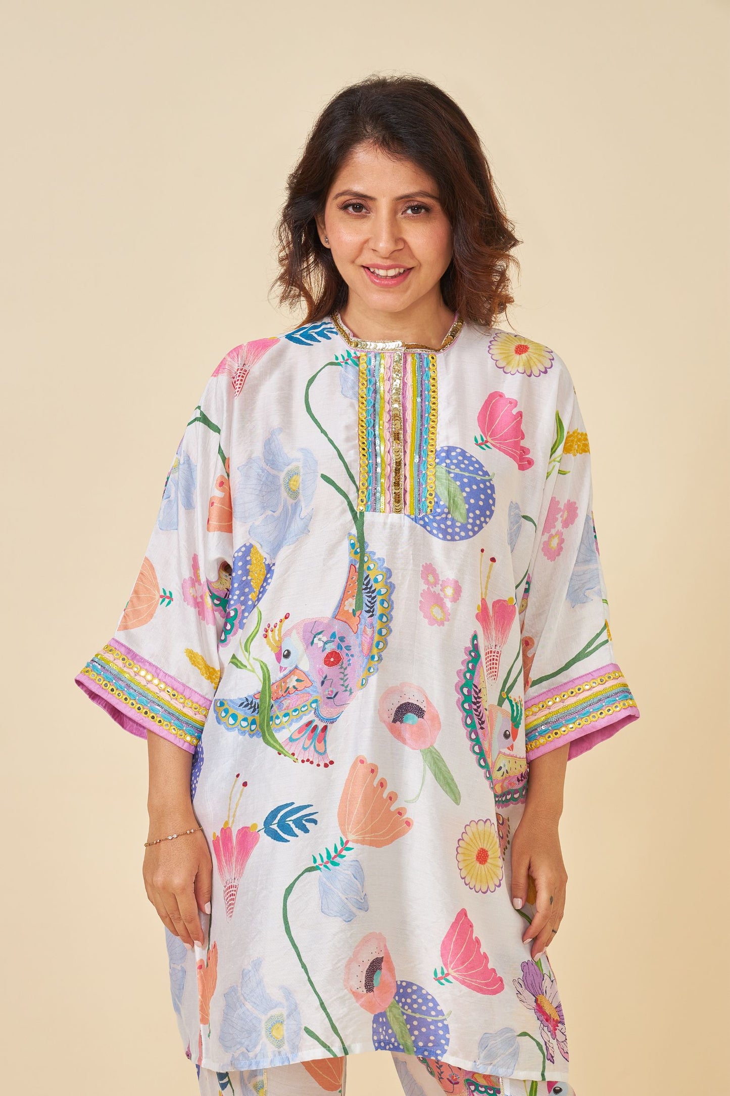 White Bloom Embellished Ladies Kaftan Top And Pant Set Of 2