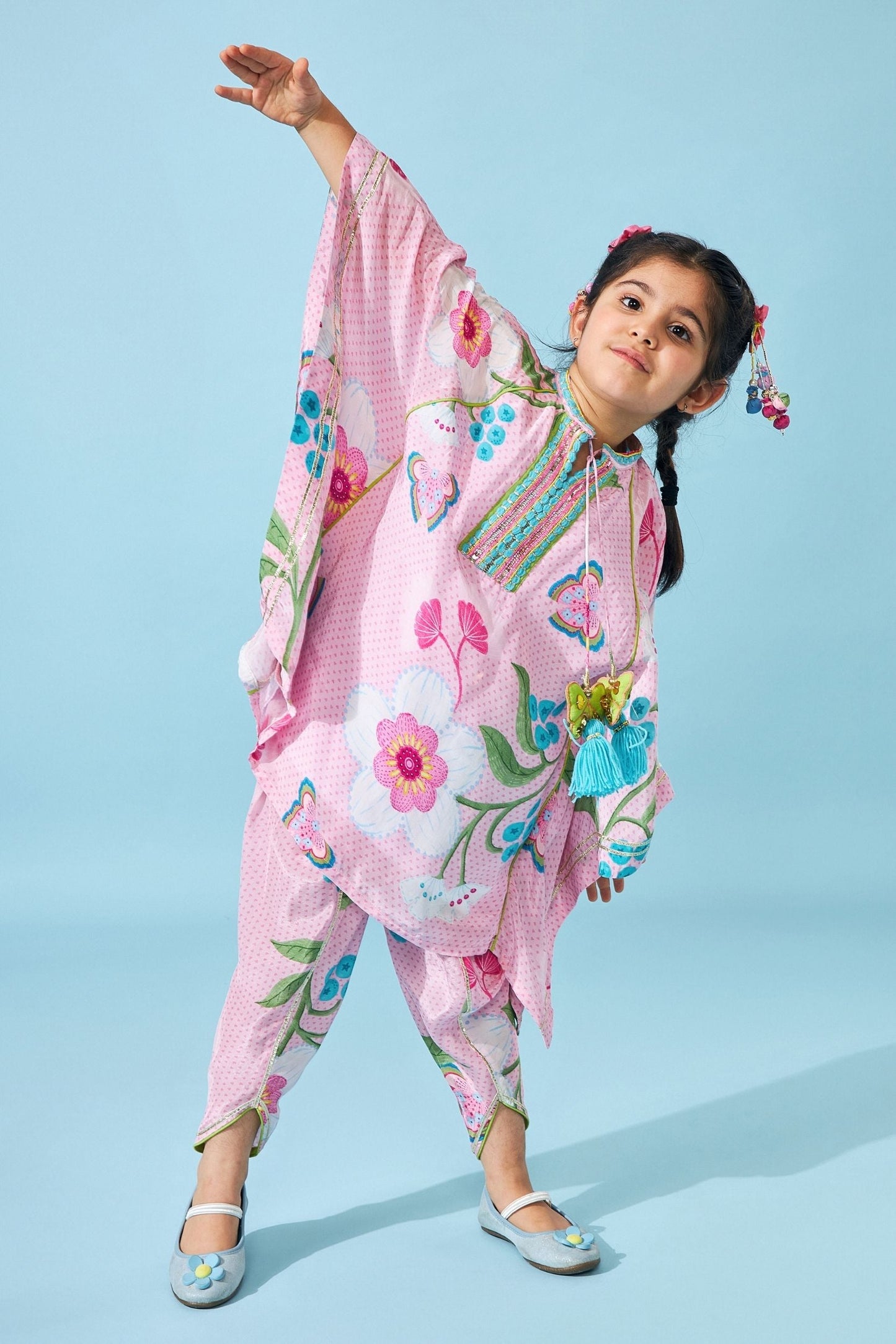 Raya Pink Girls Embellished Kaftan Top & Tulip Pant ( Set Of 2 pcs)