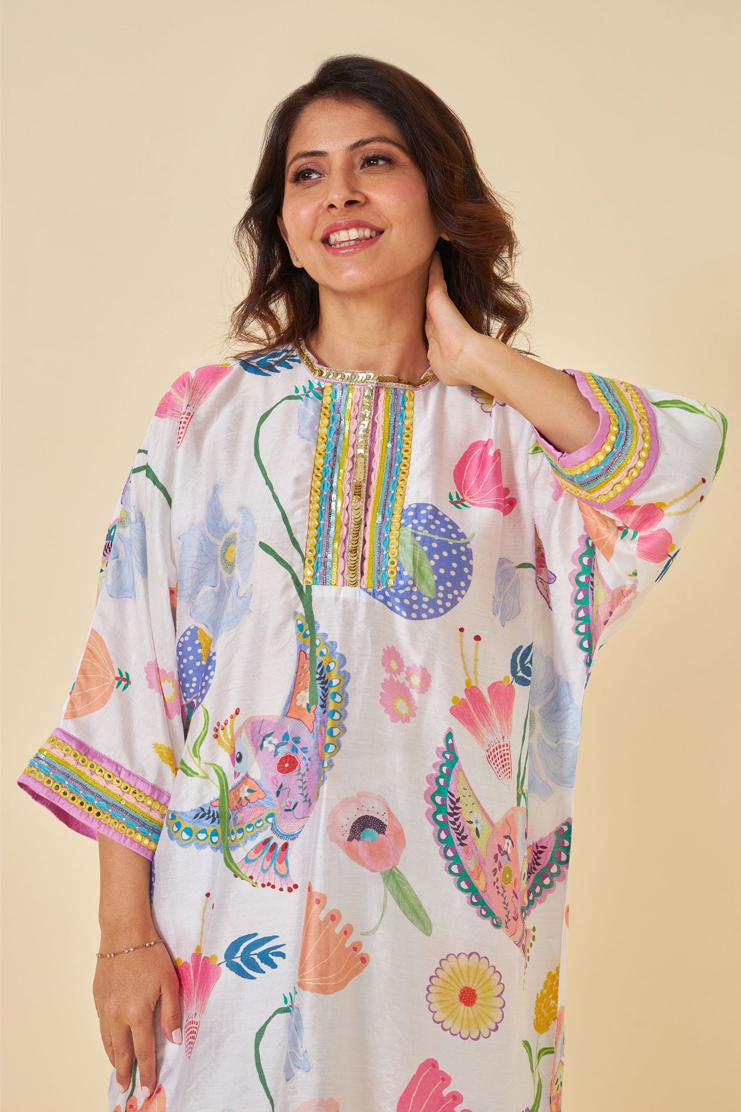 White Bloom Embellished Ladies Kaftan Top And Pant Set Of 2