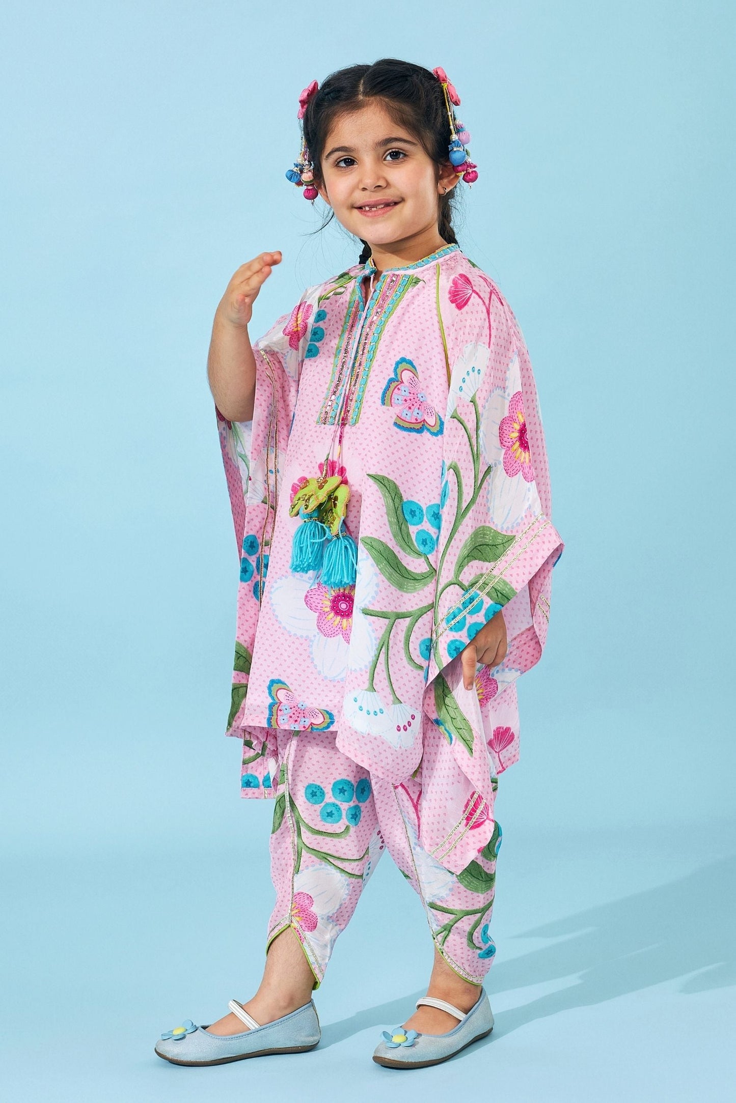 Raya Pink Girls Embellished Kaftan Top & Tulip Pant ( Set Of 2 pcs)