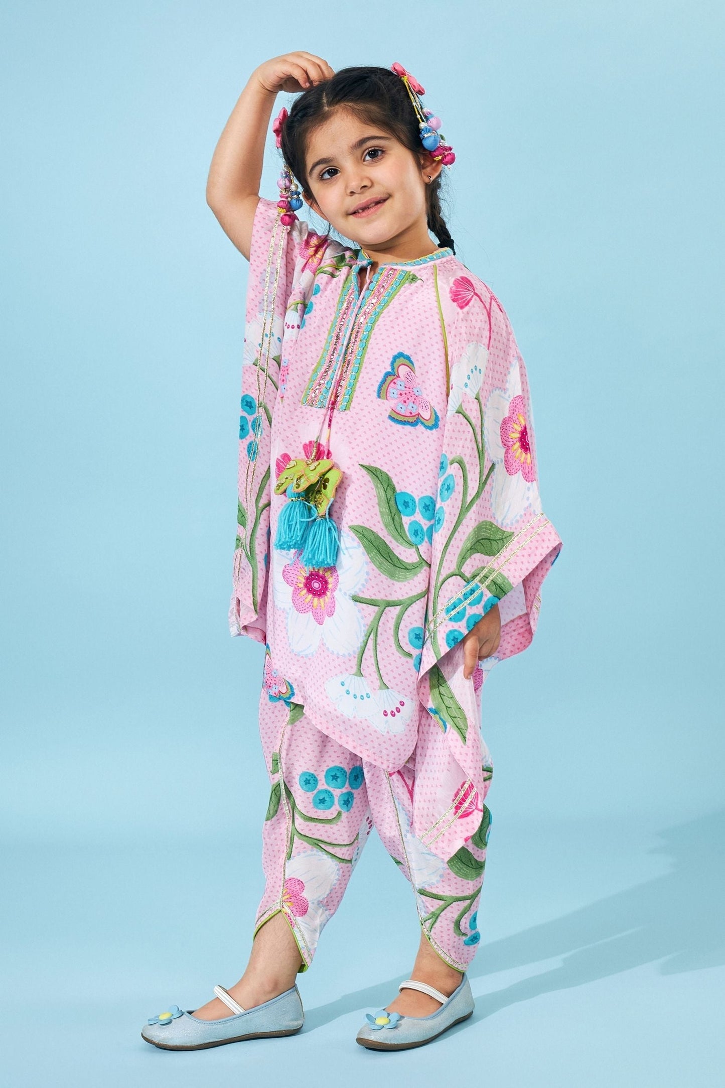 Raya Pink Girls Embellished Kaftan Top & Tulip Pant ( Set Of 2 pcs)