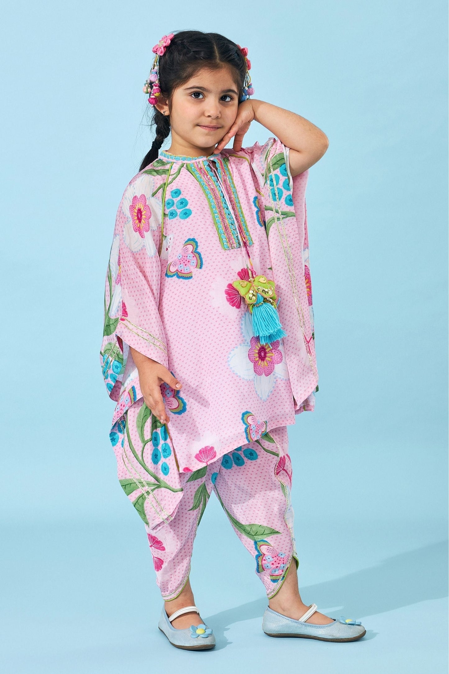 Raya Pink Girls Embellished Kaftan Top & Tulip Pant ( Set Of 2 pcs)