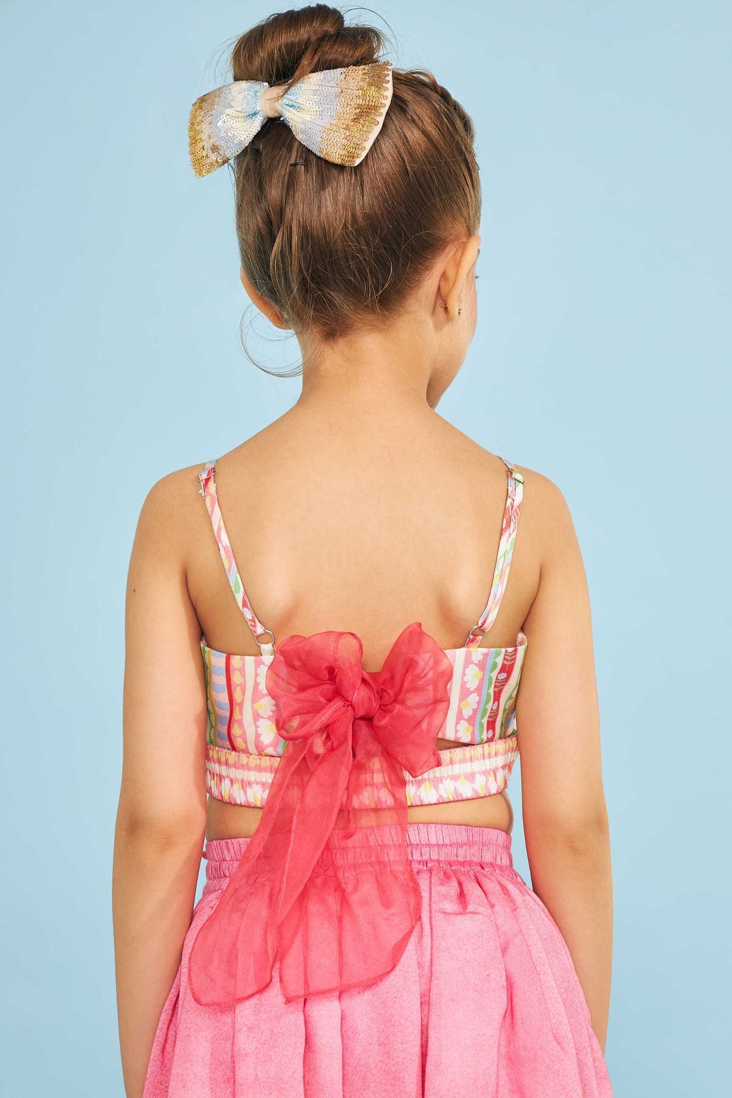 Candy Stripe Girls Embellished Crop Top With Strawberry Embellished Skirt (3 Pc Set)