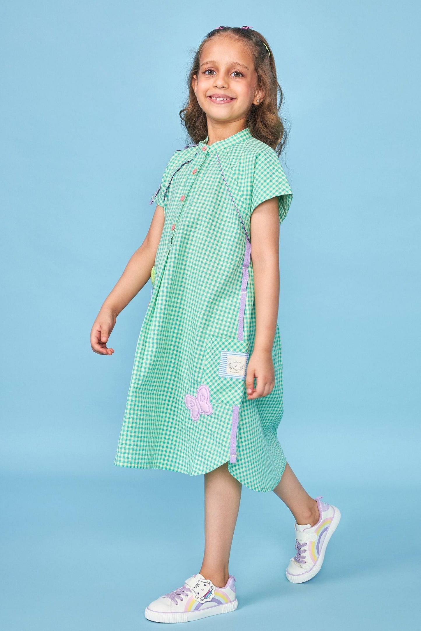 Green Gingham Embroidered Kids Shirt Dress
