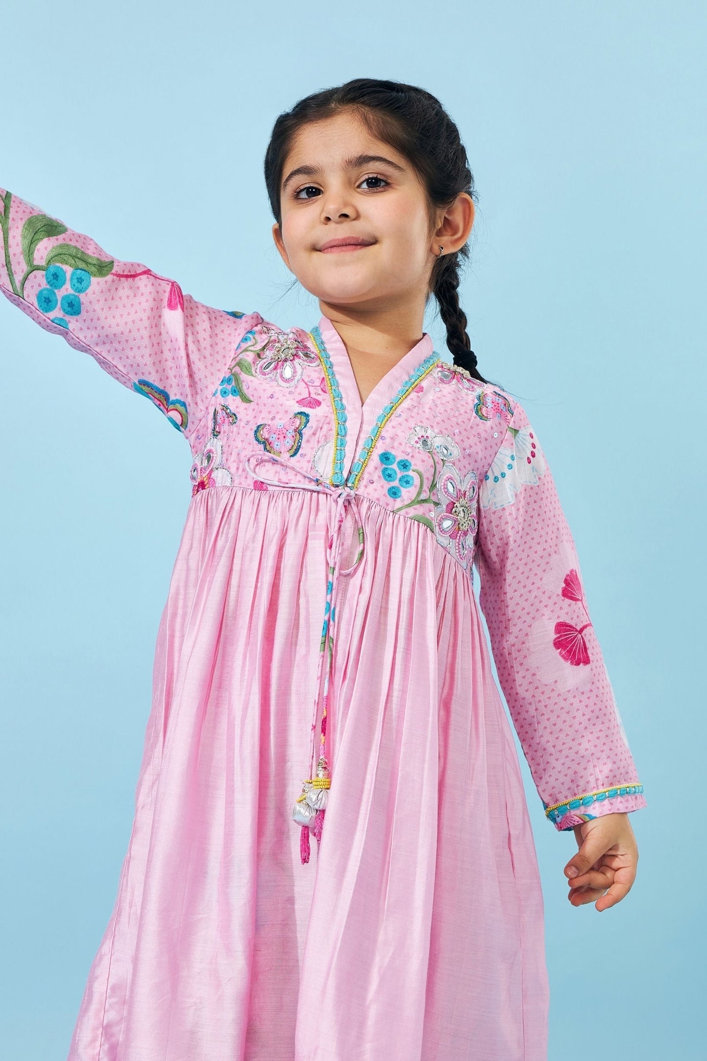 Raya Pink girls Embellished Long Kurta & Pant (Set of 2 pcs)