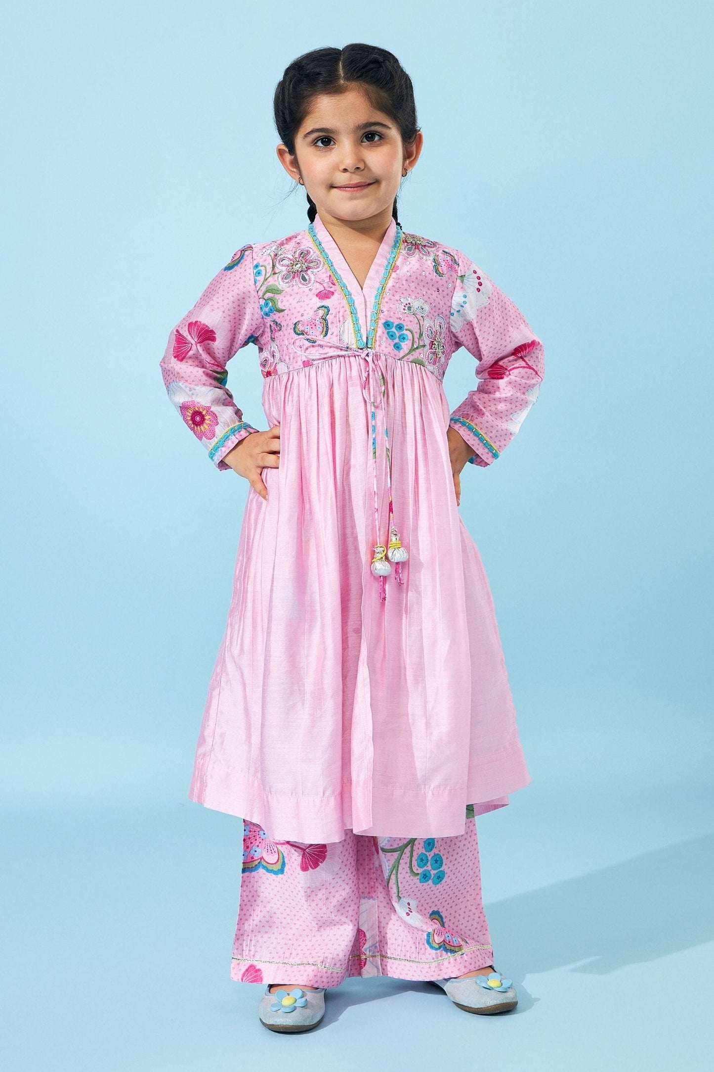 Raya Pink girls Embellished Long Kurta & Pant (Set of 2 pcs)
