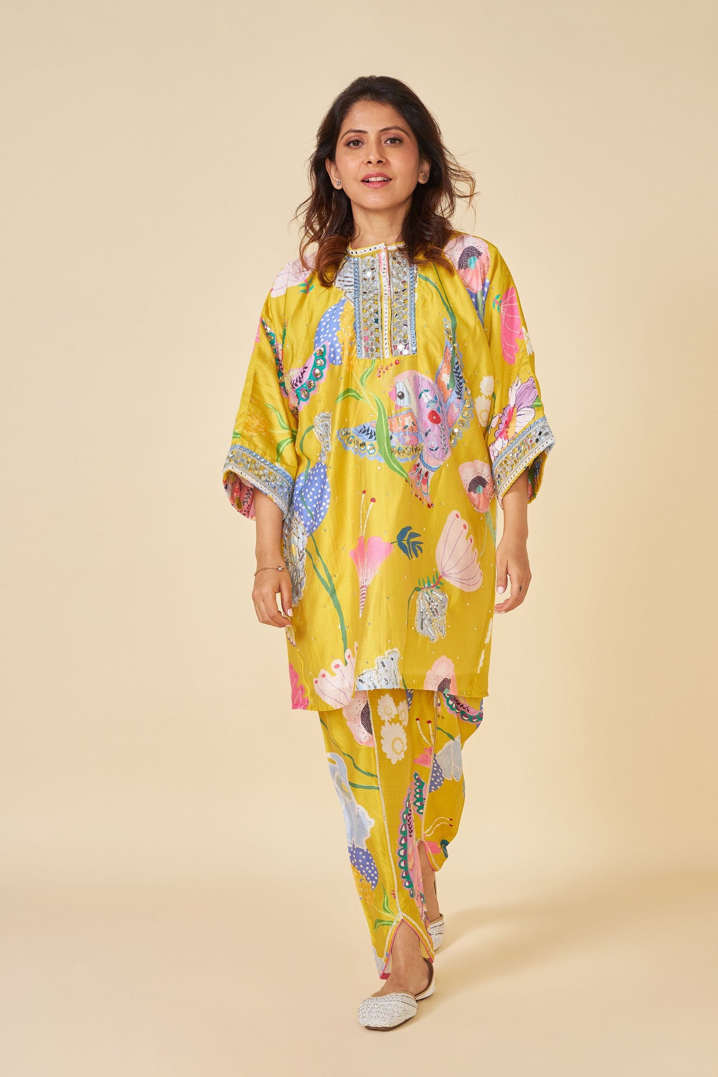 Yellow Bloom Embellished Ladies Kaftan Top And Pant (Set Of 2)