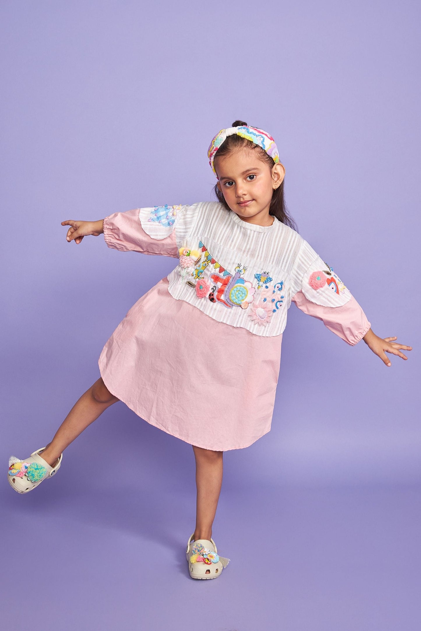 Fly High Pink Cotton Hand Embroidered Kids Dress - Joey & Pooh