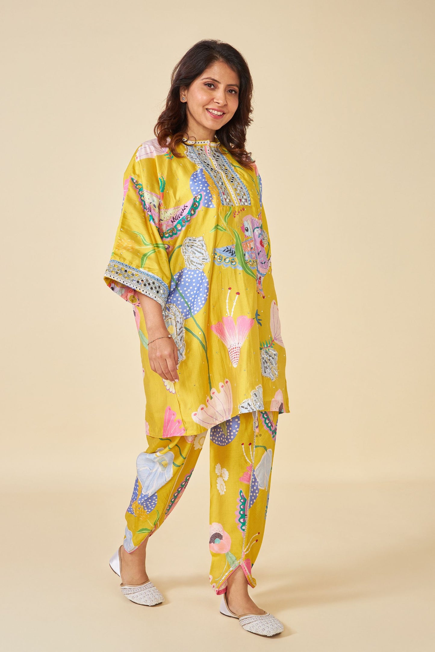 Yellow Bloom Embellished Ladies Kaftan Top And Pant (Set Of 2)