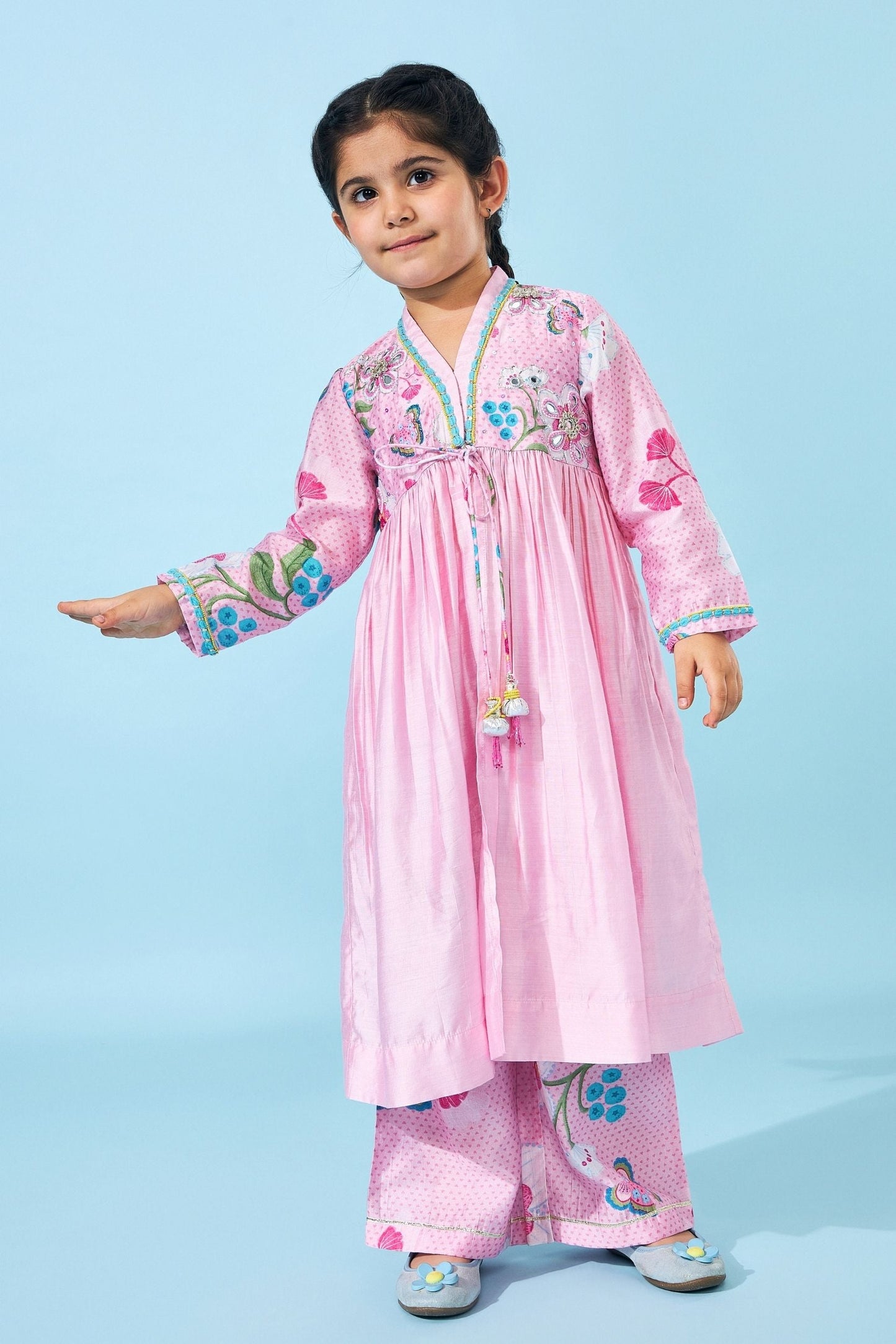 Raya Pink girls Embellished Long Kurta & Pant (Set of 2 pcs)