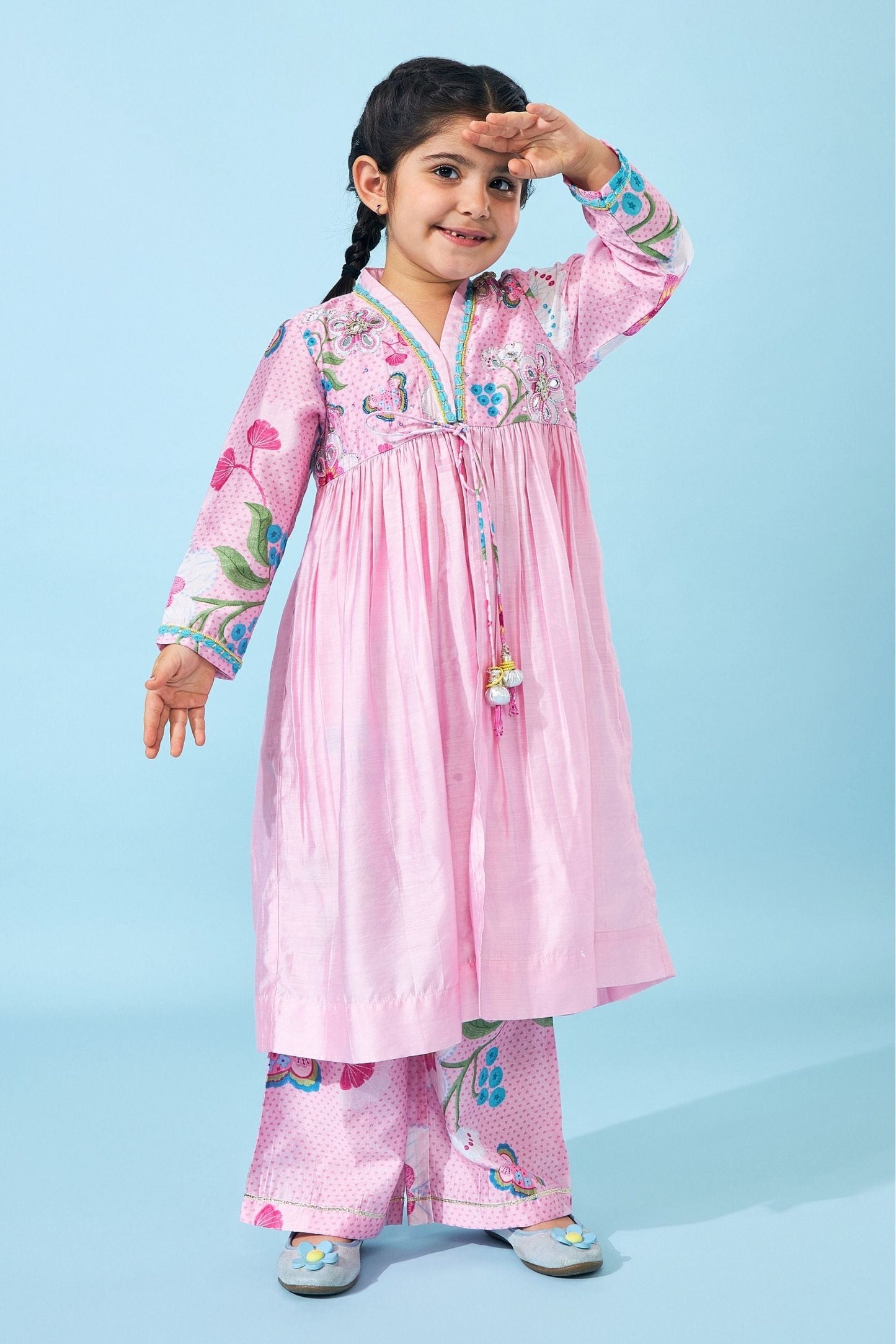 Raya Pink girls Embellished Long Kurta & Pant (Set of 2 pcs)
