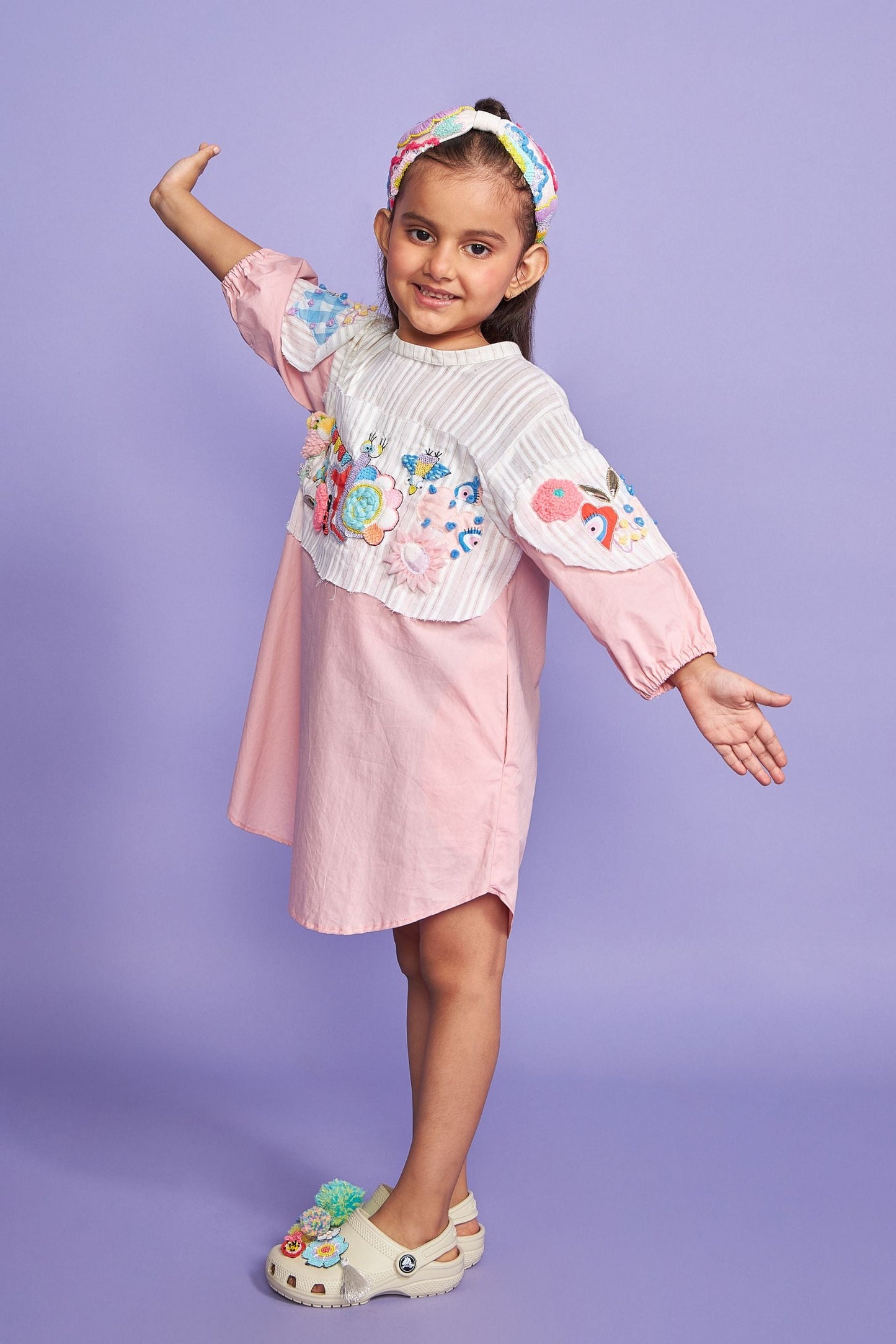 Fly High Pink Cotton Hand Embroidered Kids Dress - Joey & Pooh