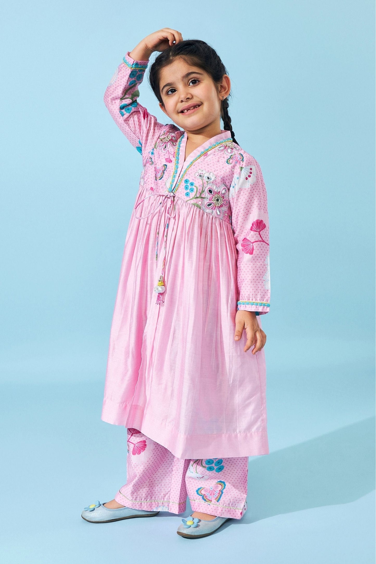 Raya Pink girls Embellished Long Kurta & Pant (Set of 2 pcs)