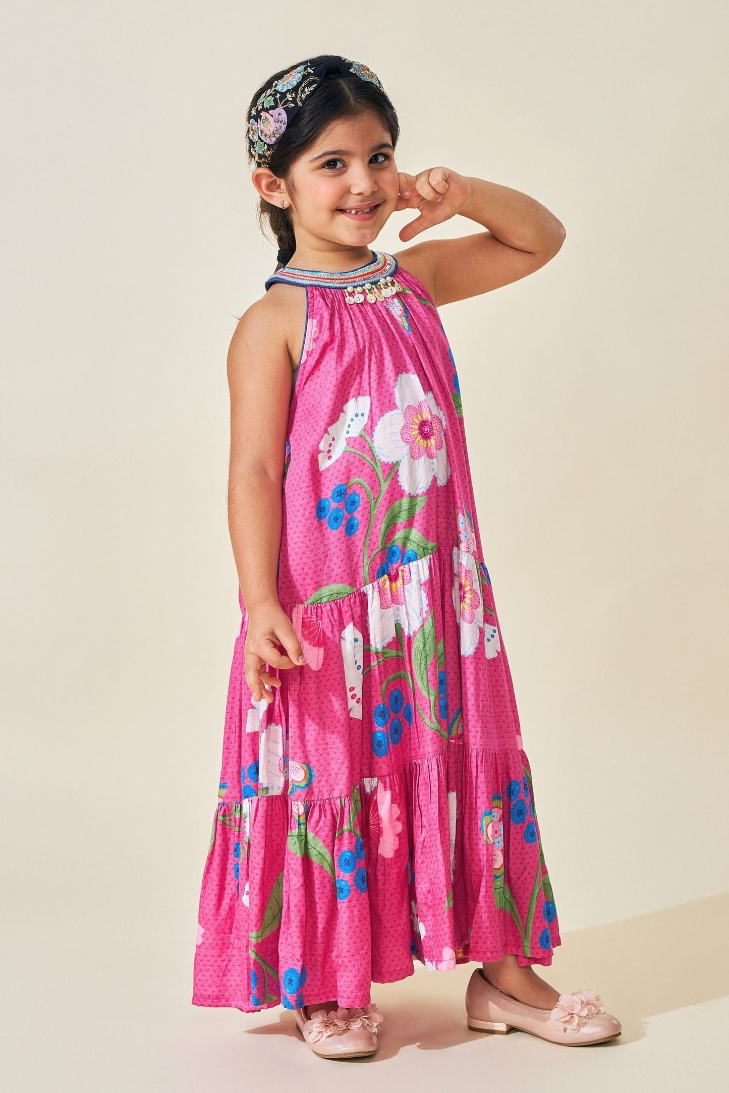 Rumi Plum Girls Printed Tiered Long Dress