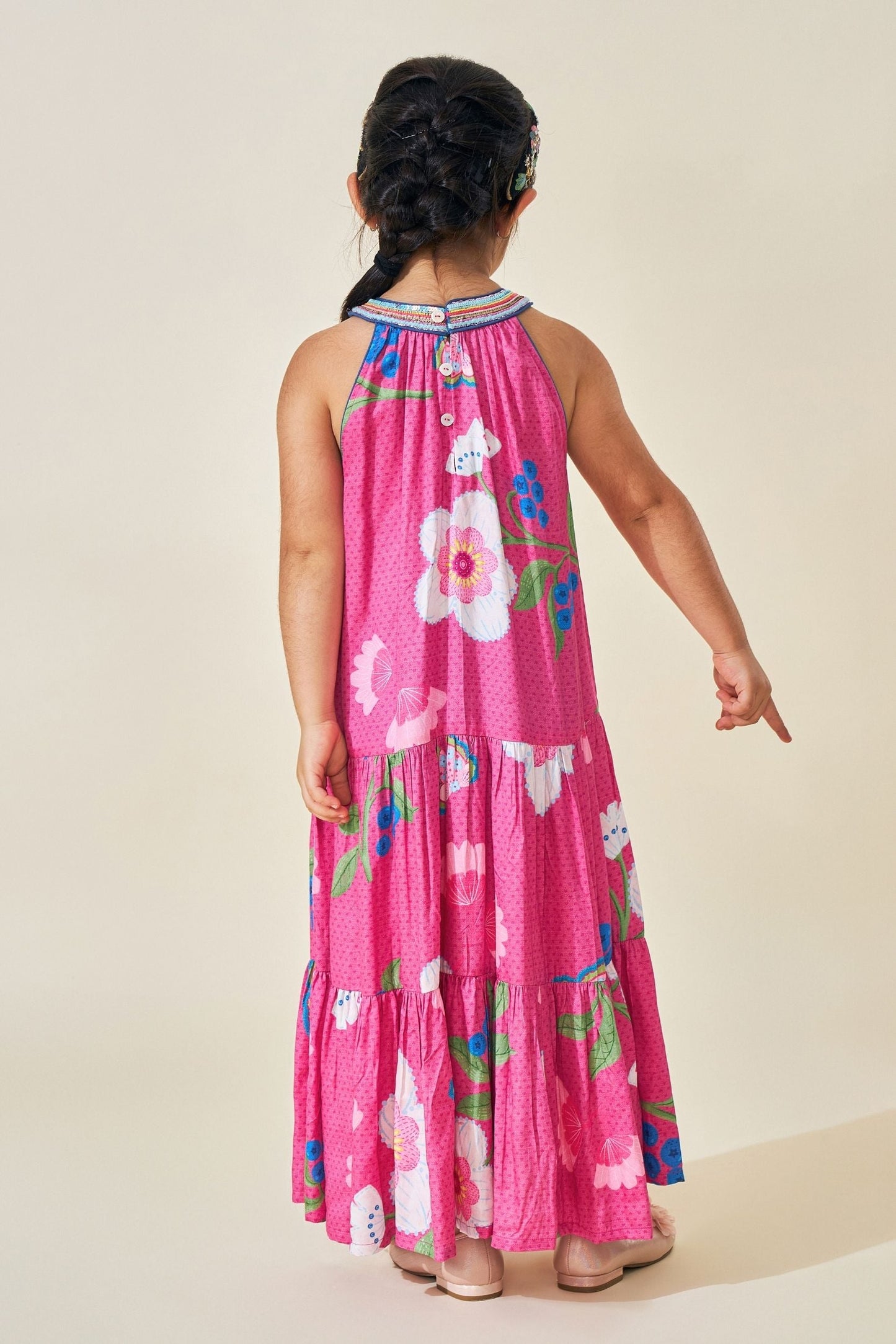 Rumi Plum Girls Printed Tiered Long Dress