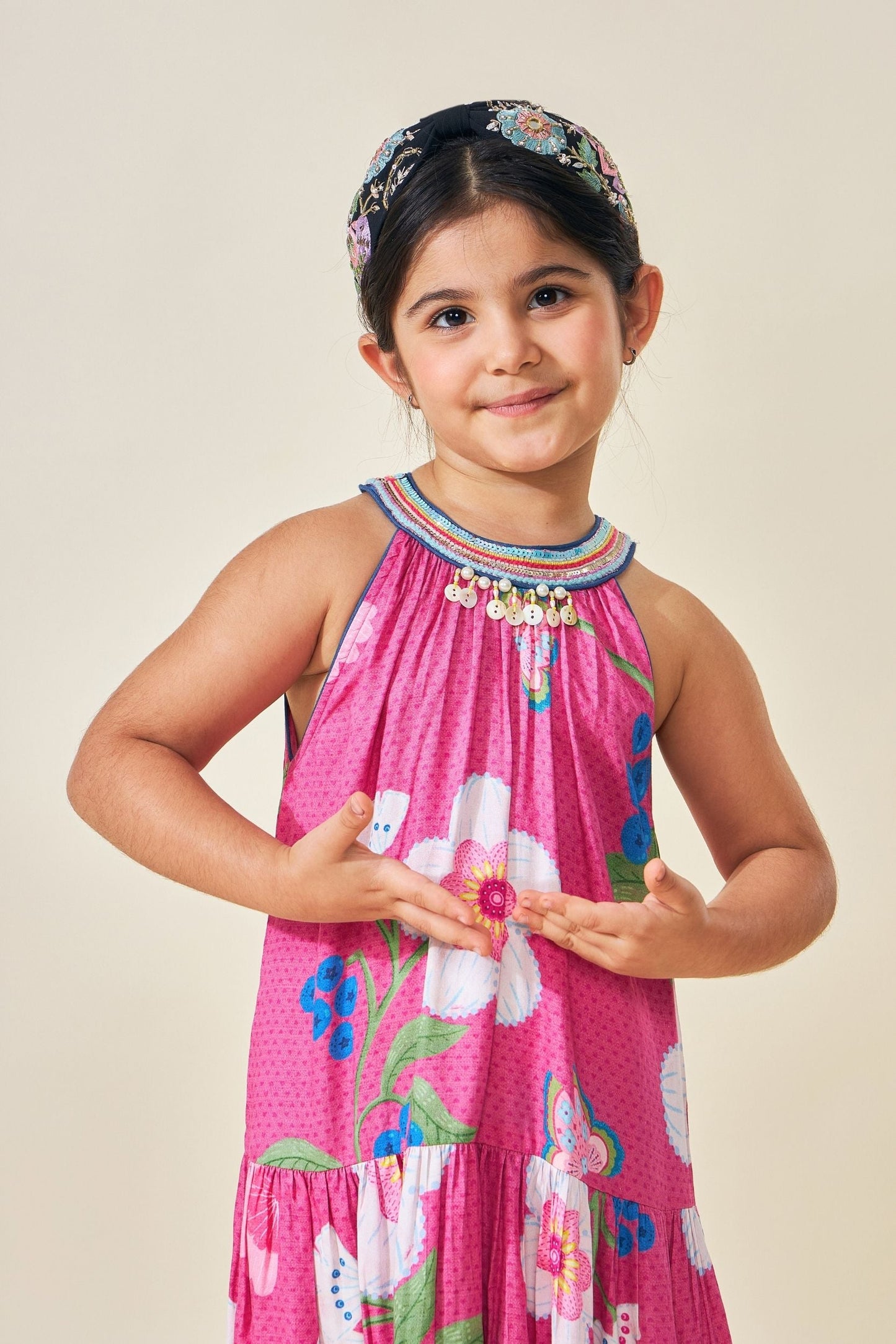 Rumi Plum Girls Printed Tiered Long Dress