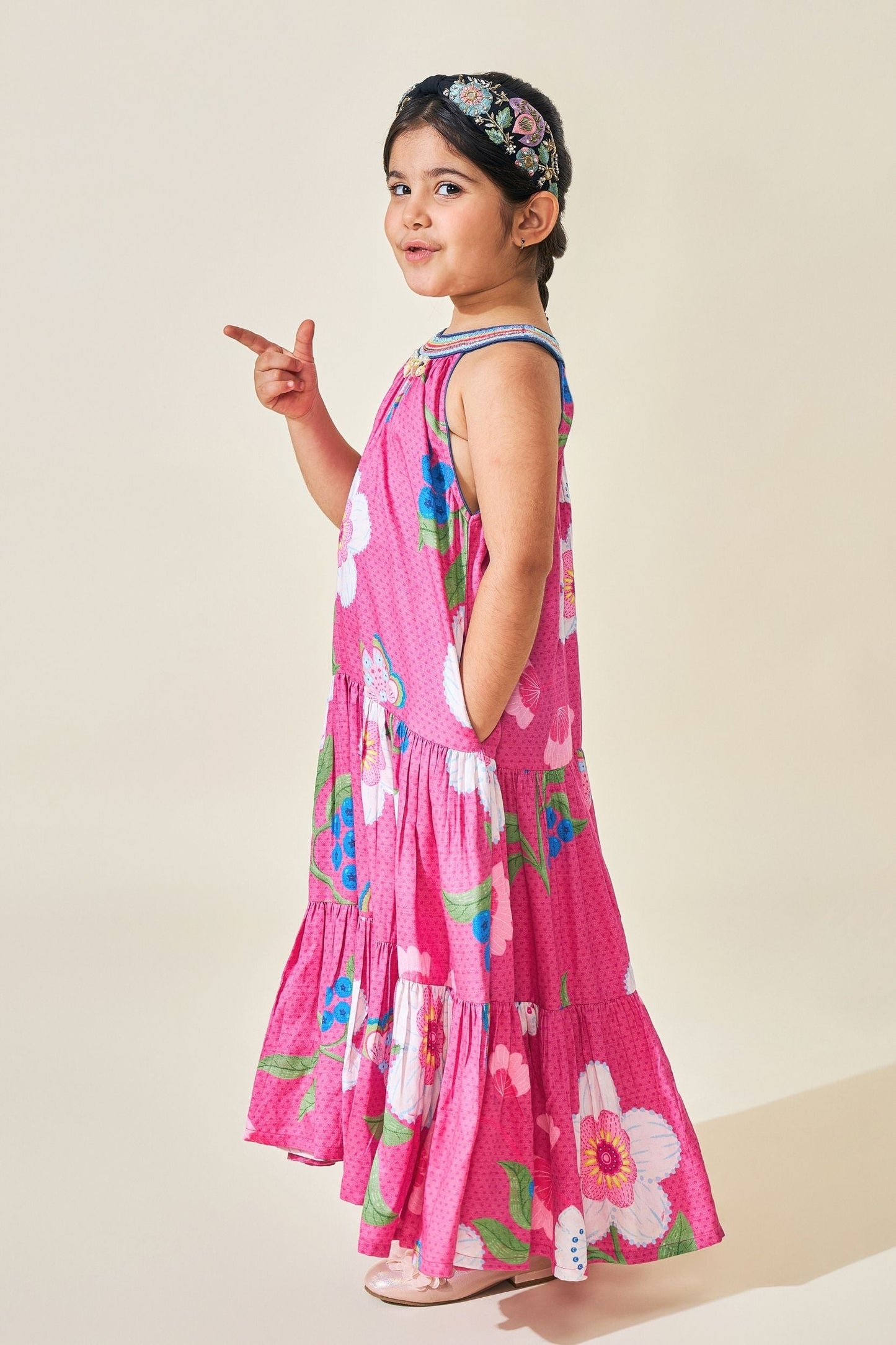 Rumi Plum Girls Printed Tiered Long Dress