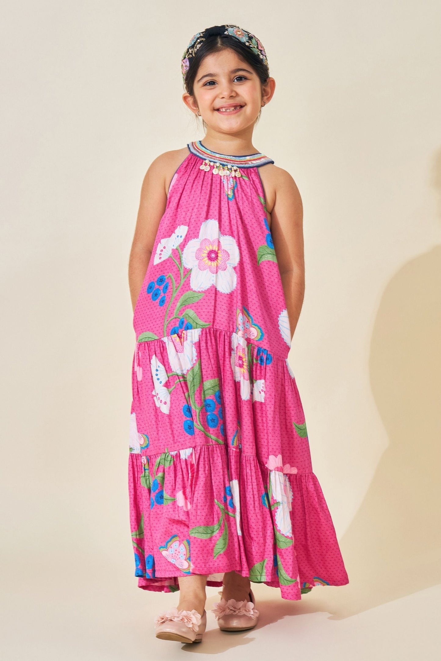Rumi Plum Girls Printed Tiered Long Dress