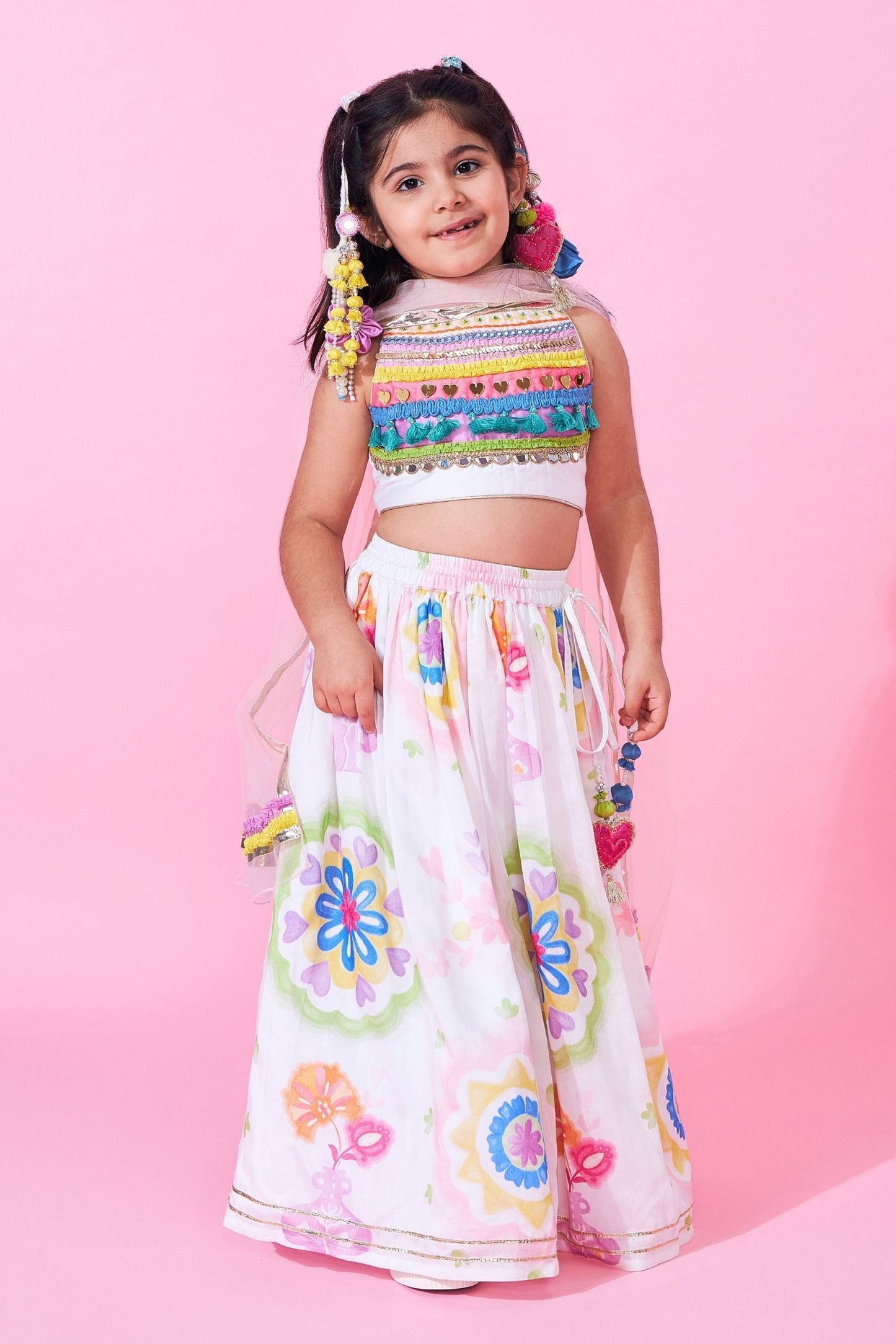 Mae Girls Embellished Crop Top Lehenga & Dupatta (Set Of 3pcs)