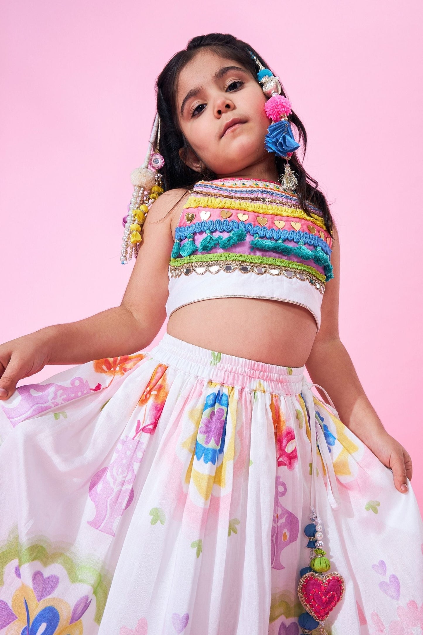 Mae Girls Embellished Crop Top Lehenga & Dupatta (Set Of 3pcs)