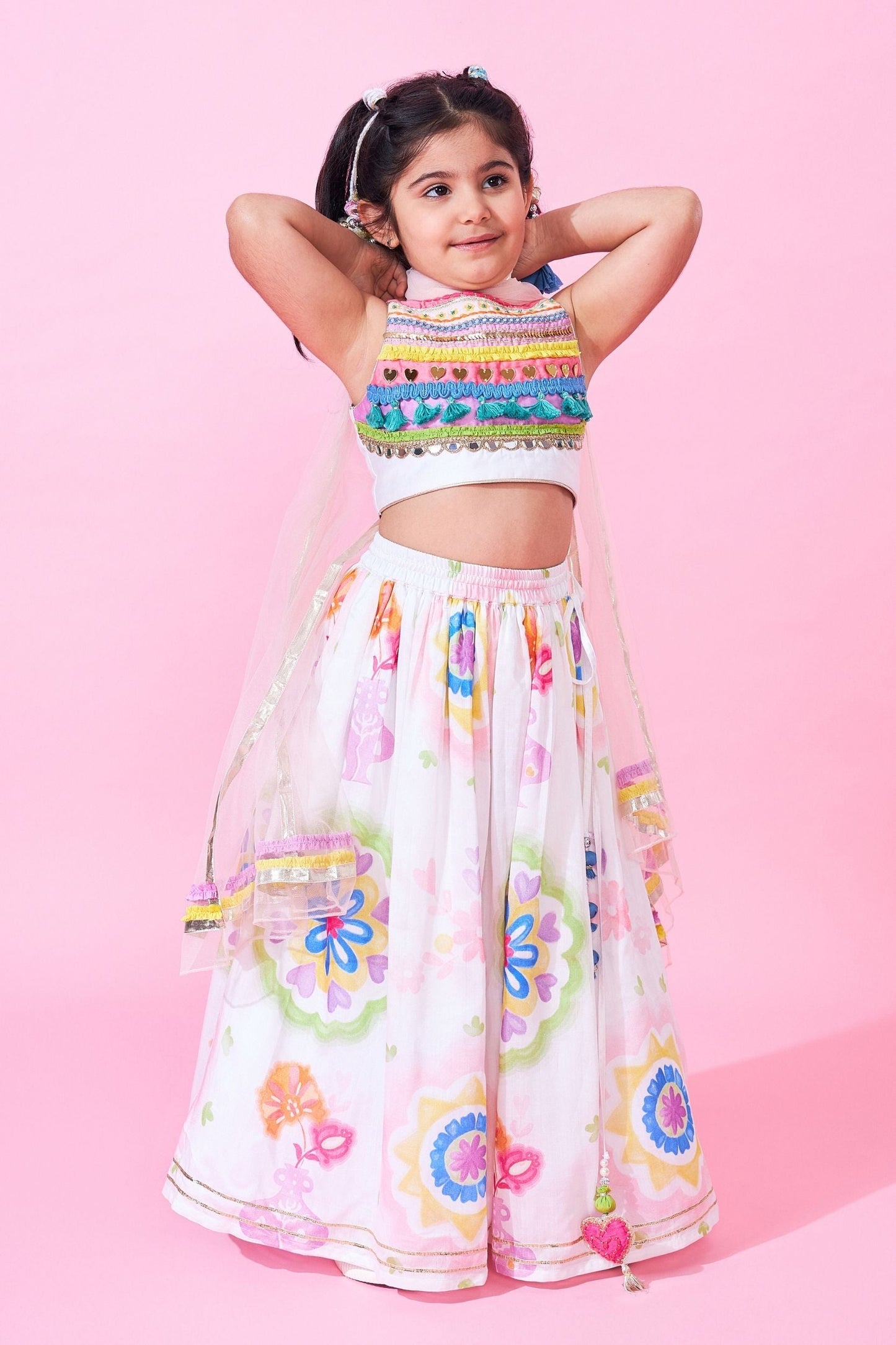 Mae Girls Embellished Crop Top Lehenga & Dupatta (Set Of 3pcs)
