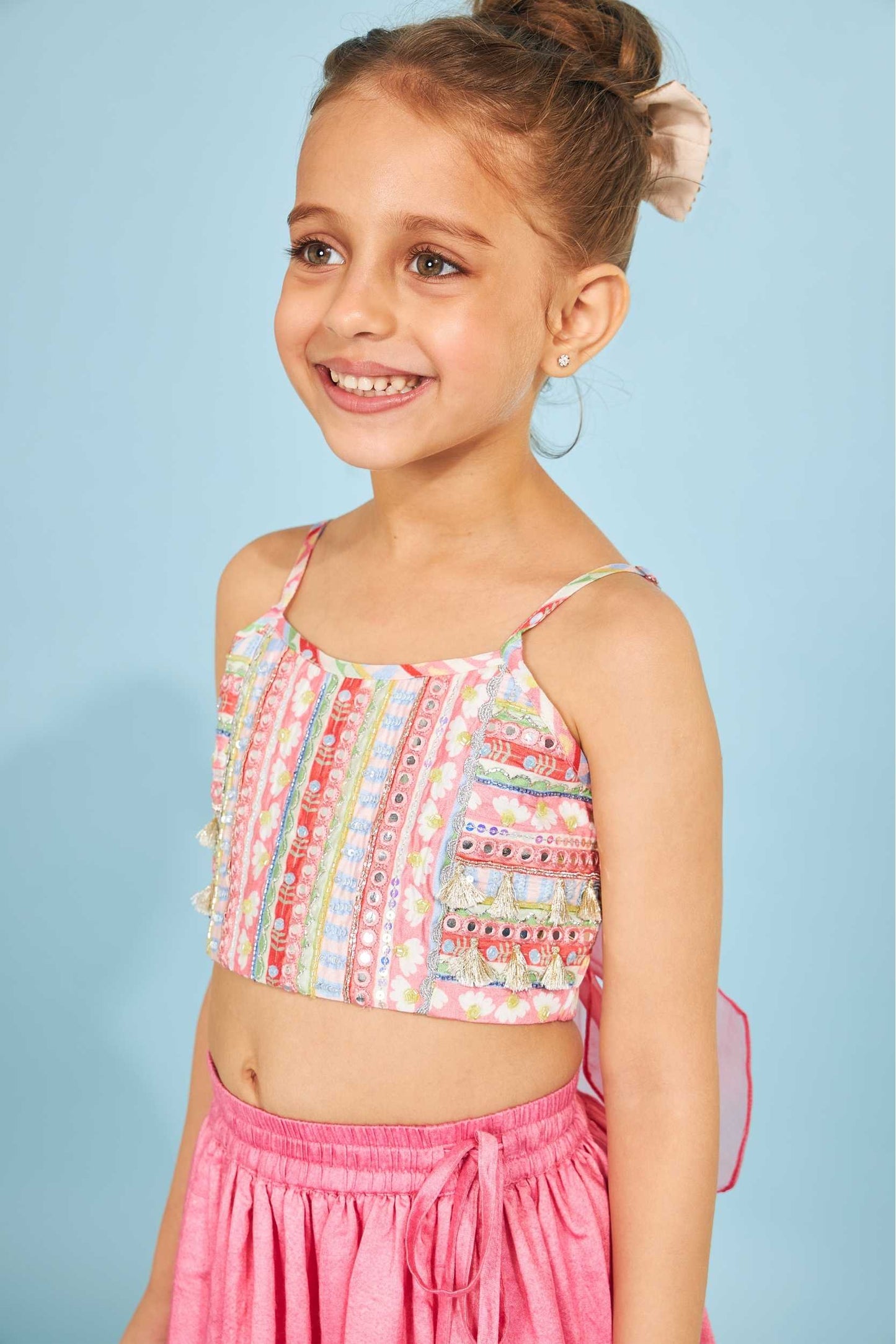 Candy Stripe Girls Embellished Crop Top With Strawberry Embellished Skirt (3 Pc Set)