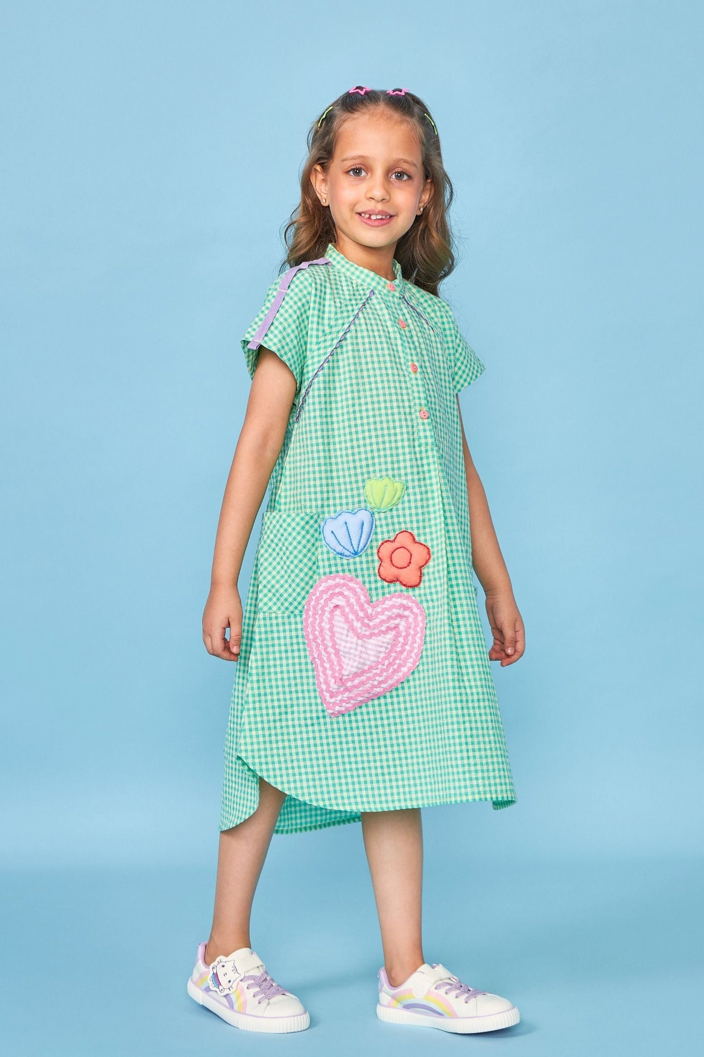 Green Gingham Embroidered Kids Shirt Dress