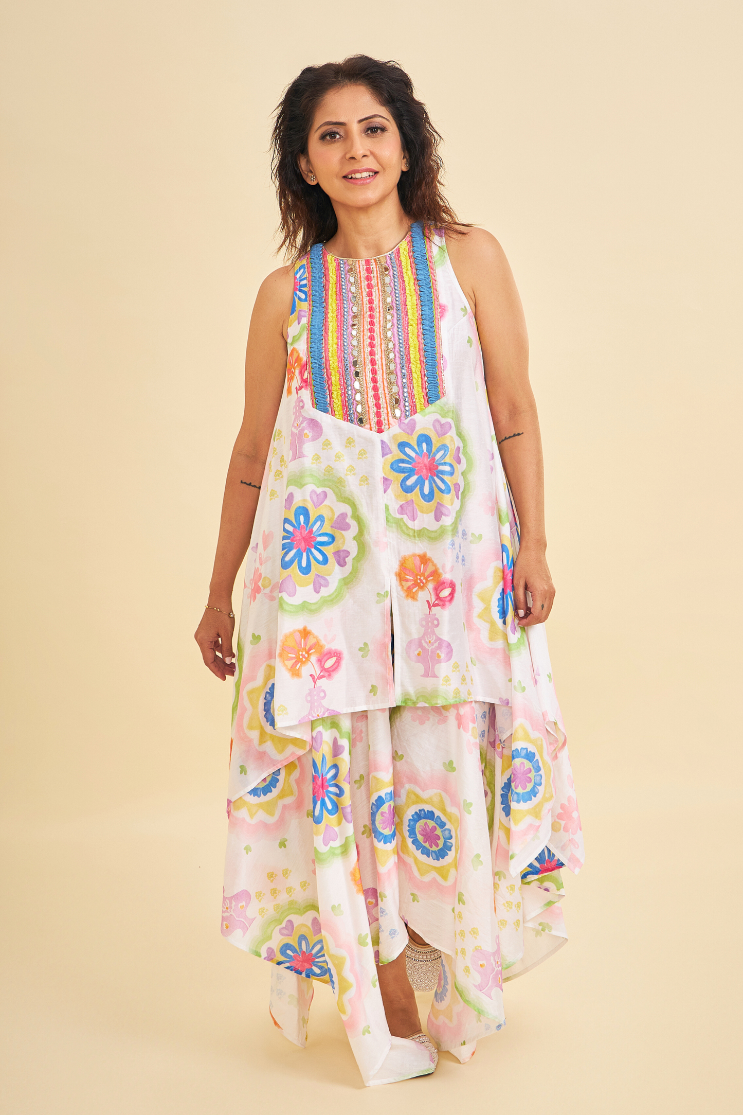 Mae Embroidered Ladies Tunic With Asymmetric Trousers ( Set of 2 Pcs)