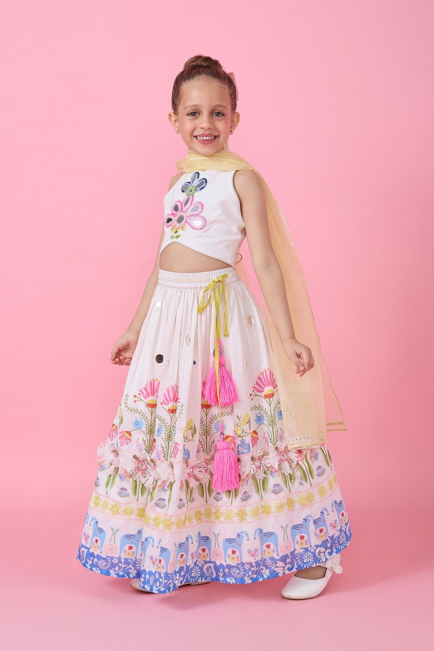 Dala Girls Skirt With Embellished Crop Top And Dupatta ( Set Of Three)