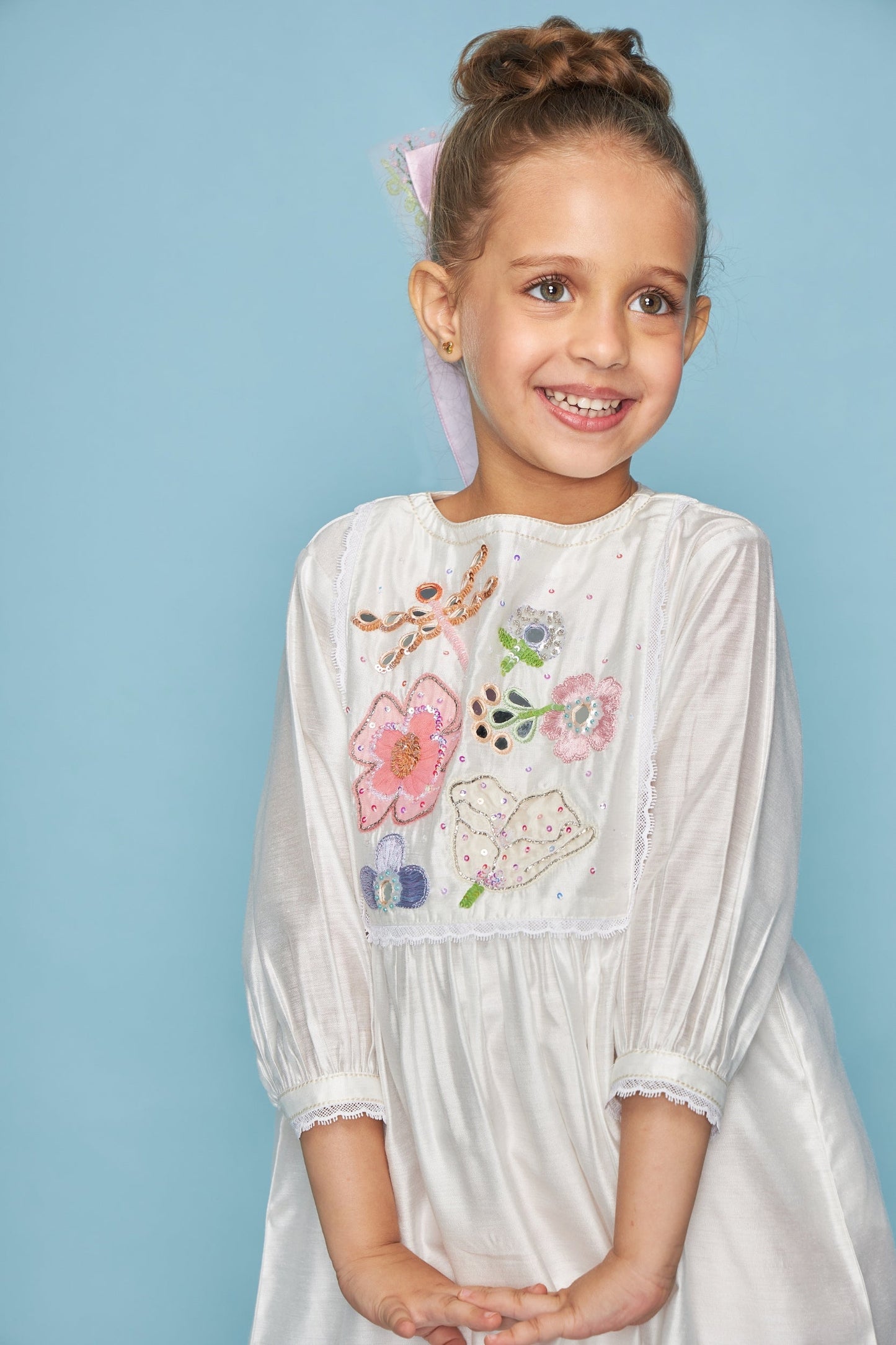 Dragonfly Mirror Yoke Embellished Girls Long Dress
