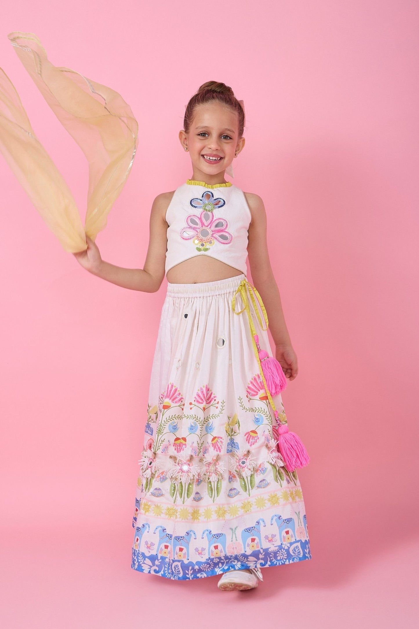Dala Girls Skirt With Embellished Crop Top And Dupatta ( Set Of Three)