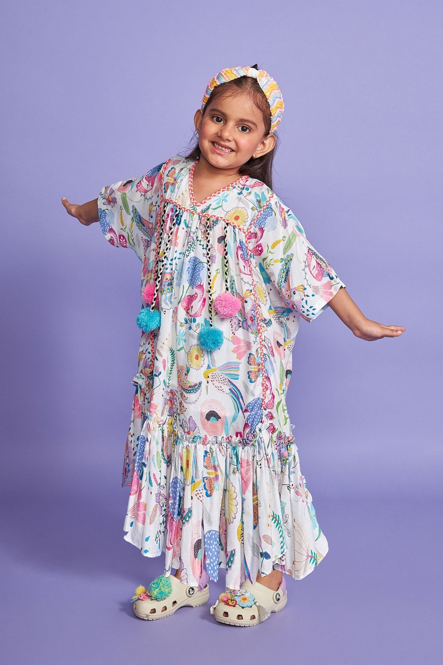 Pompom White Girls Kaftan Long Dress