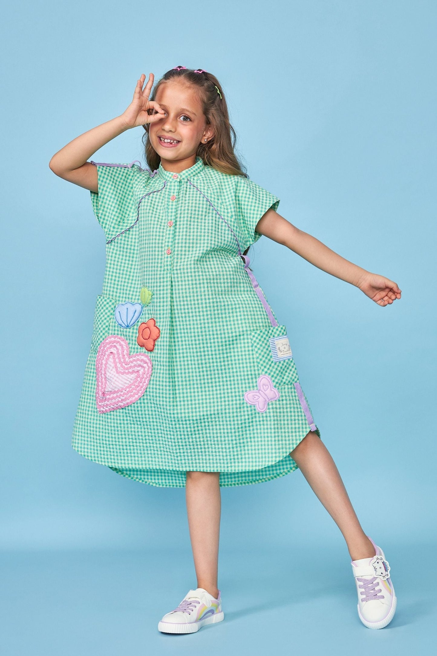 Green Gingham Embroidered Kids Shirt Dress