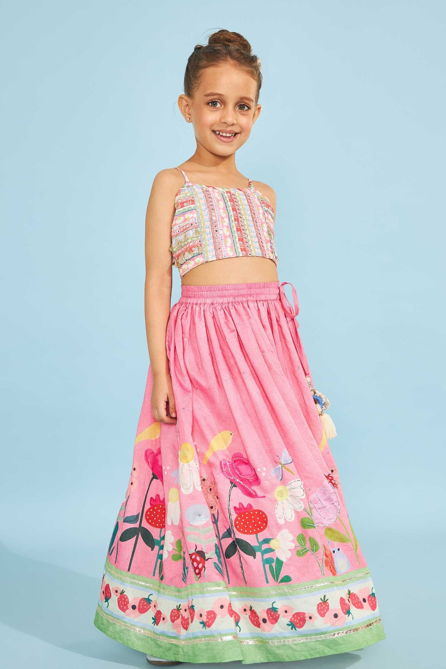 Candy Stripe Girls Embellished Crop Top With Strawberry Embellished Skirt (3 Pc Set)