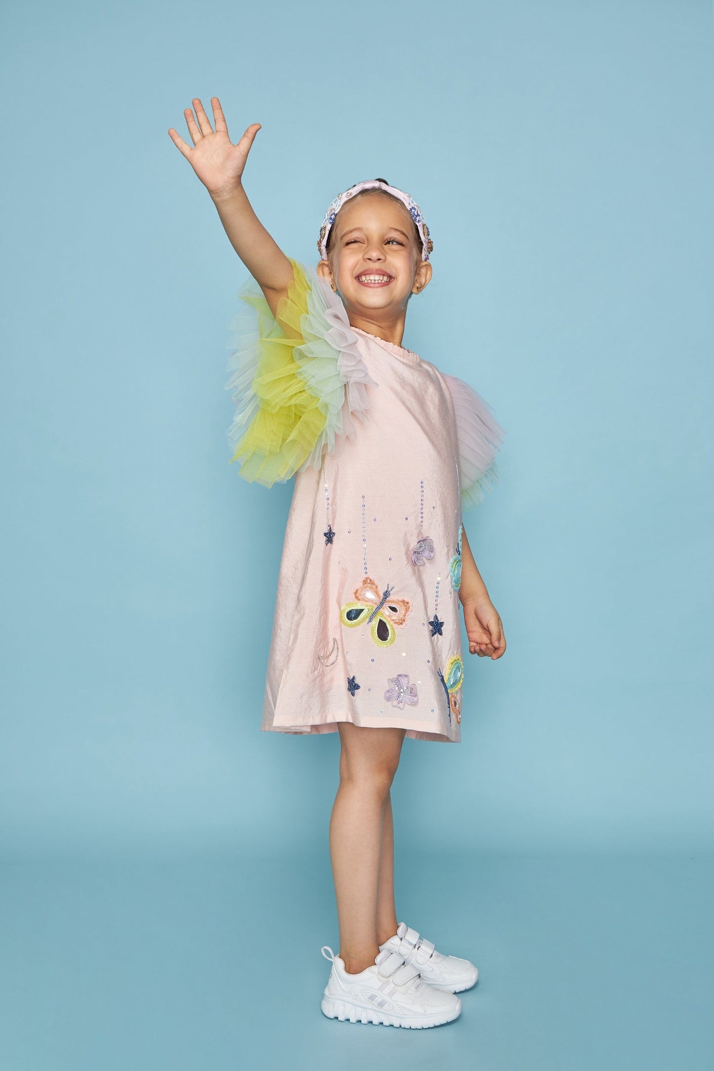 Butterfly Frill Sleeve Kids Embellished Dress Bloom