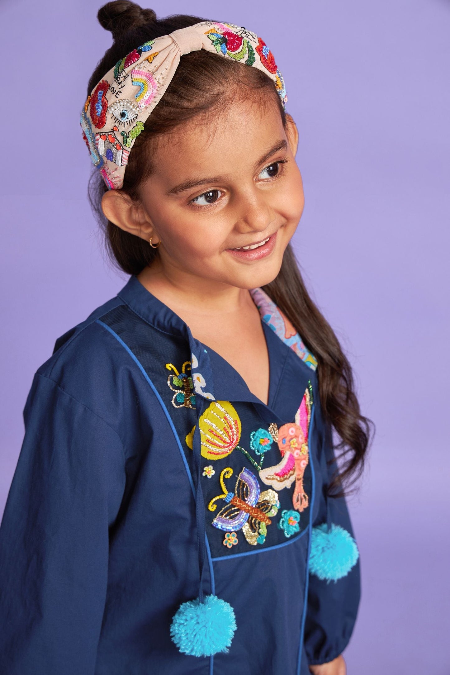 Mad Maze Hand Embroidered Kids Blue Cotton Long Dress